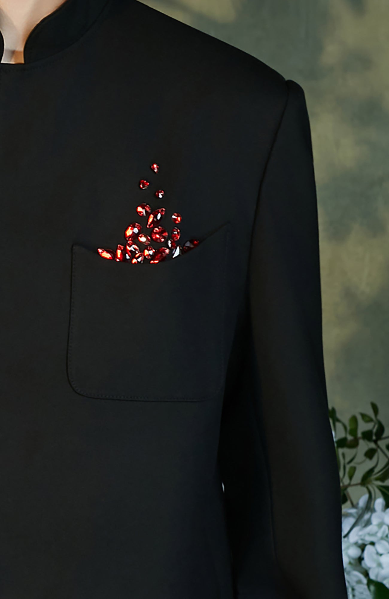 JIECHI Diamond Embellished Contrast Cuffs Mandarin Blazer