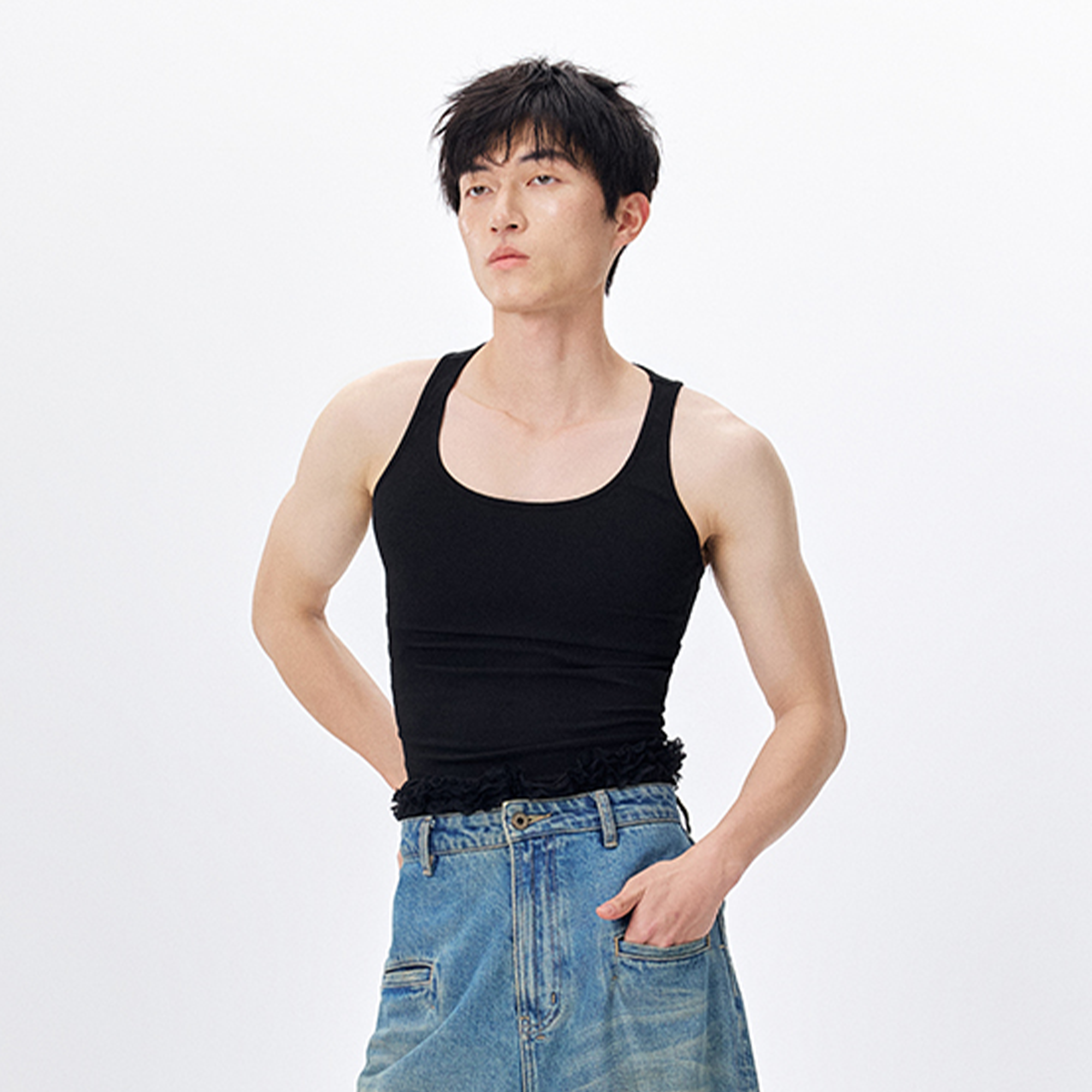 TUIMU Back Cut-Out Ribbed Tank Top Black