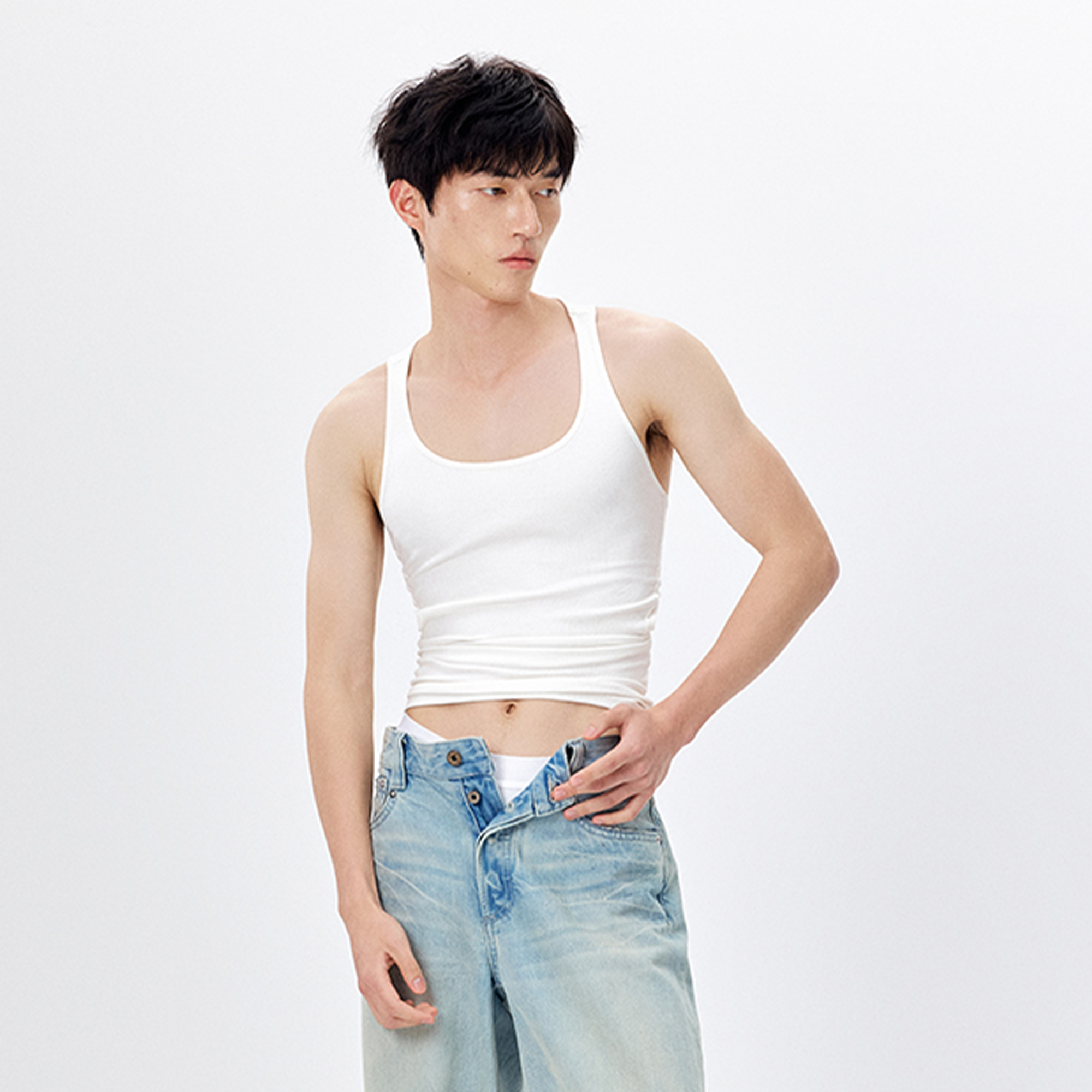 TUIMU Back Cut-Out Ribbed Tank Top White
