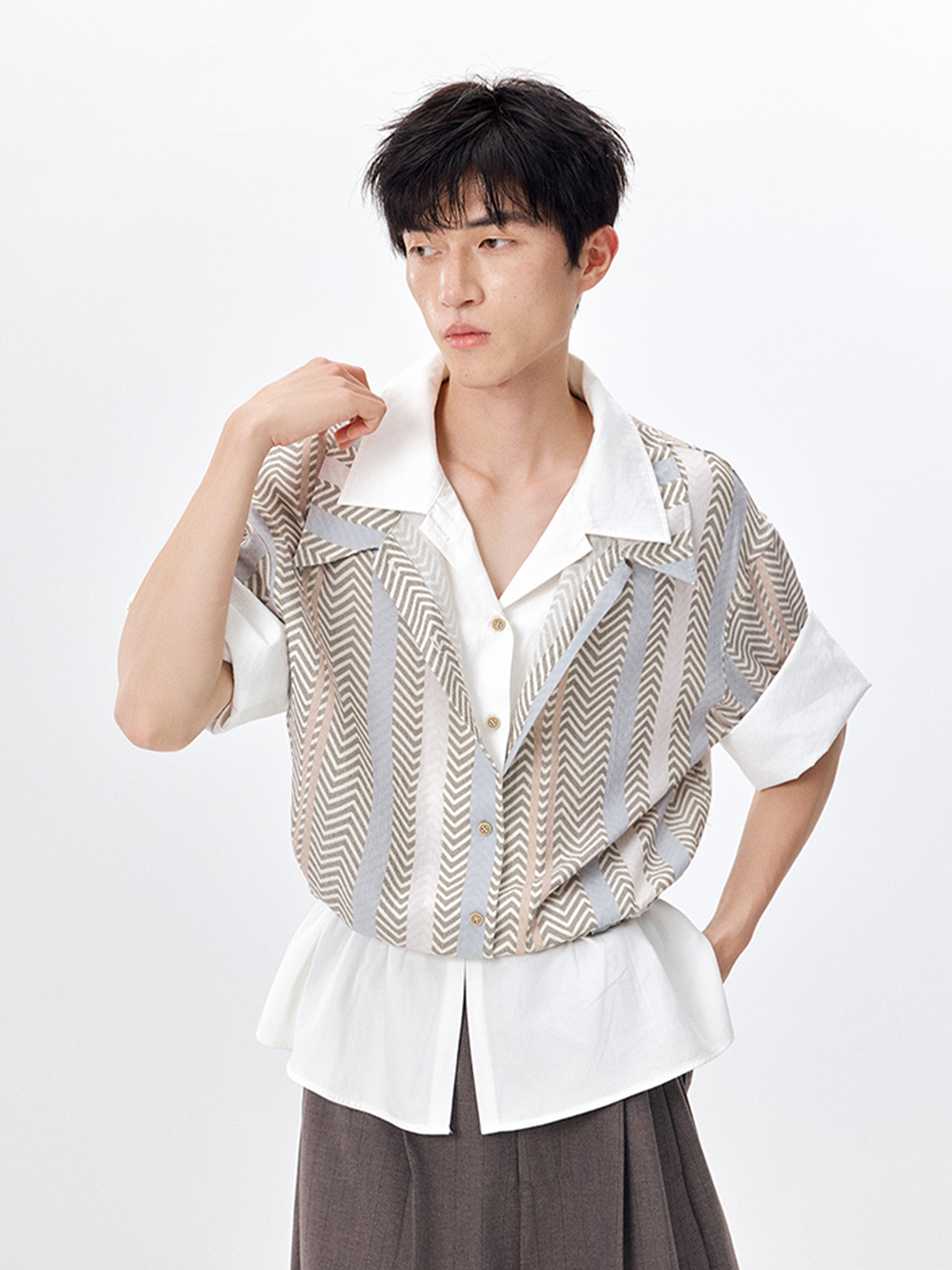 TUIMU Layered Camp Collar Striped Shirt