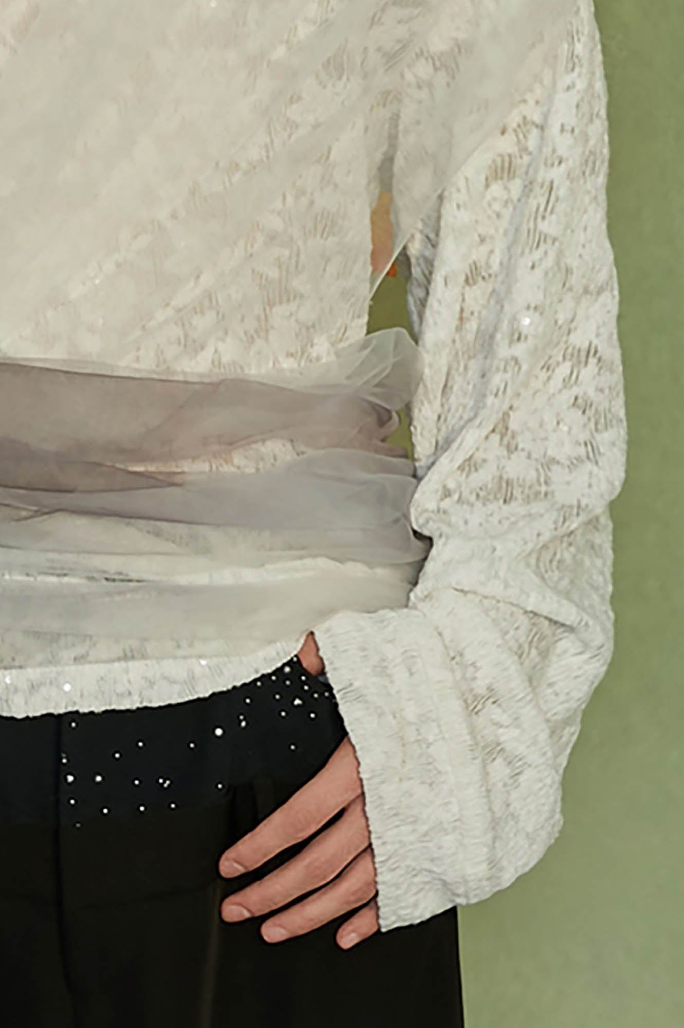 JIECHI Layered Sheer Wrap Lace Henley Shirt