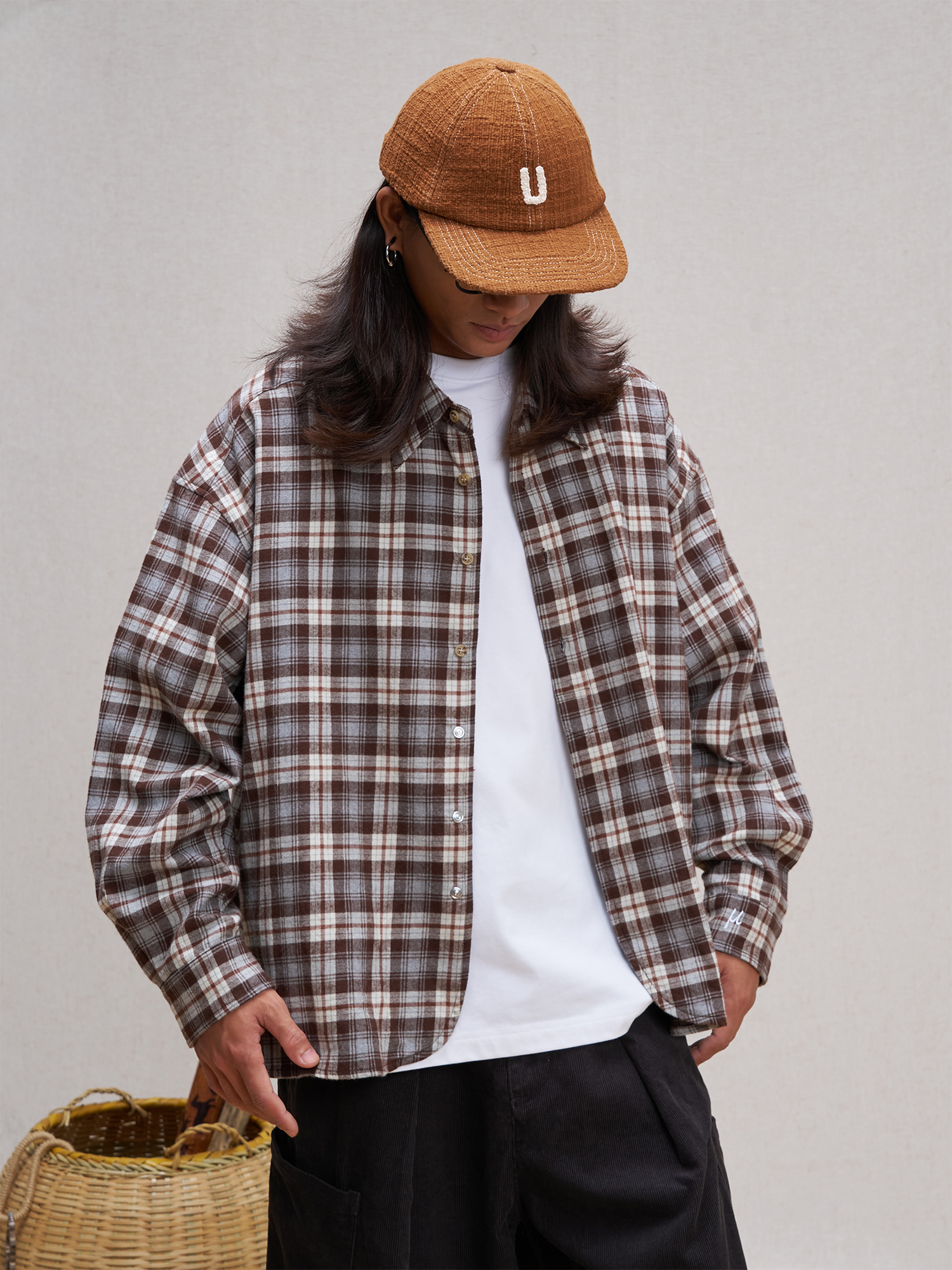 UNLIMITED MOTE Plaid Oversized Half-Open Collar Shirt Brown, premium urban and streetwear designers apparel on PROJECTISR.com, UNLIMITED MOTE