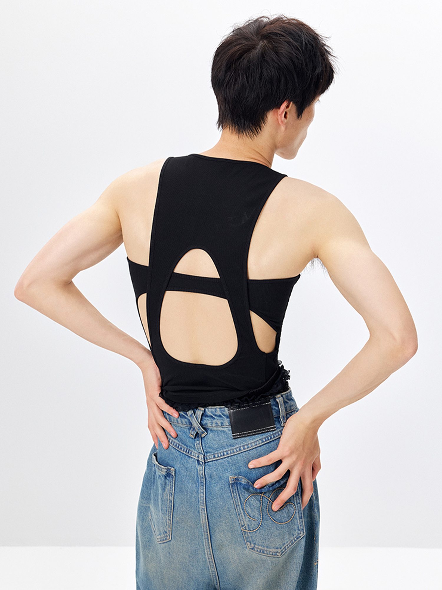 TUIMU Back Cut-Out Ribbed Tank Top Black