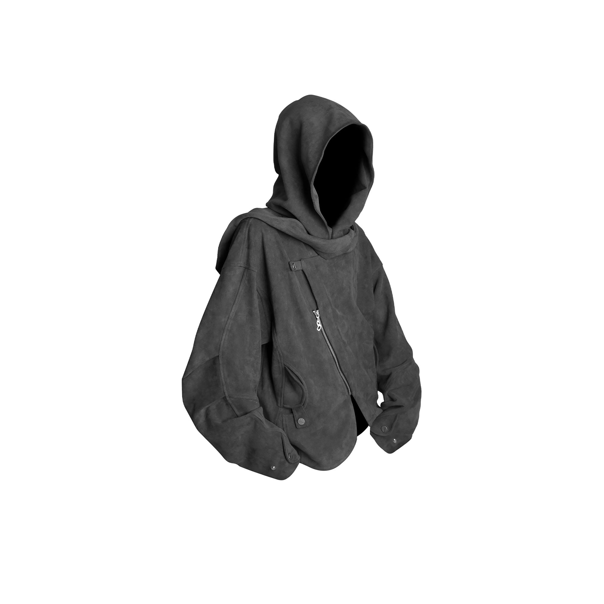 RELABEL Asymmetrical-Zip Detachable-Hood Suede Jacket Gray