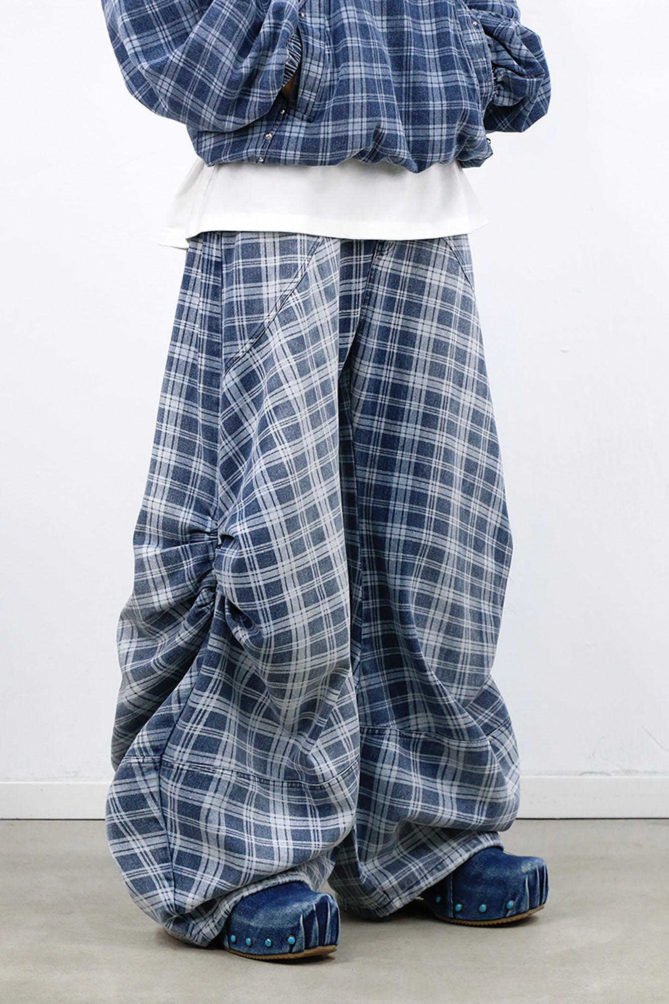 RELABEL Washed Plaid Paneled Oversized Jeans, premium urban and streetwear designers apparel on PROJECTISR.com, RELABEL