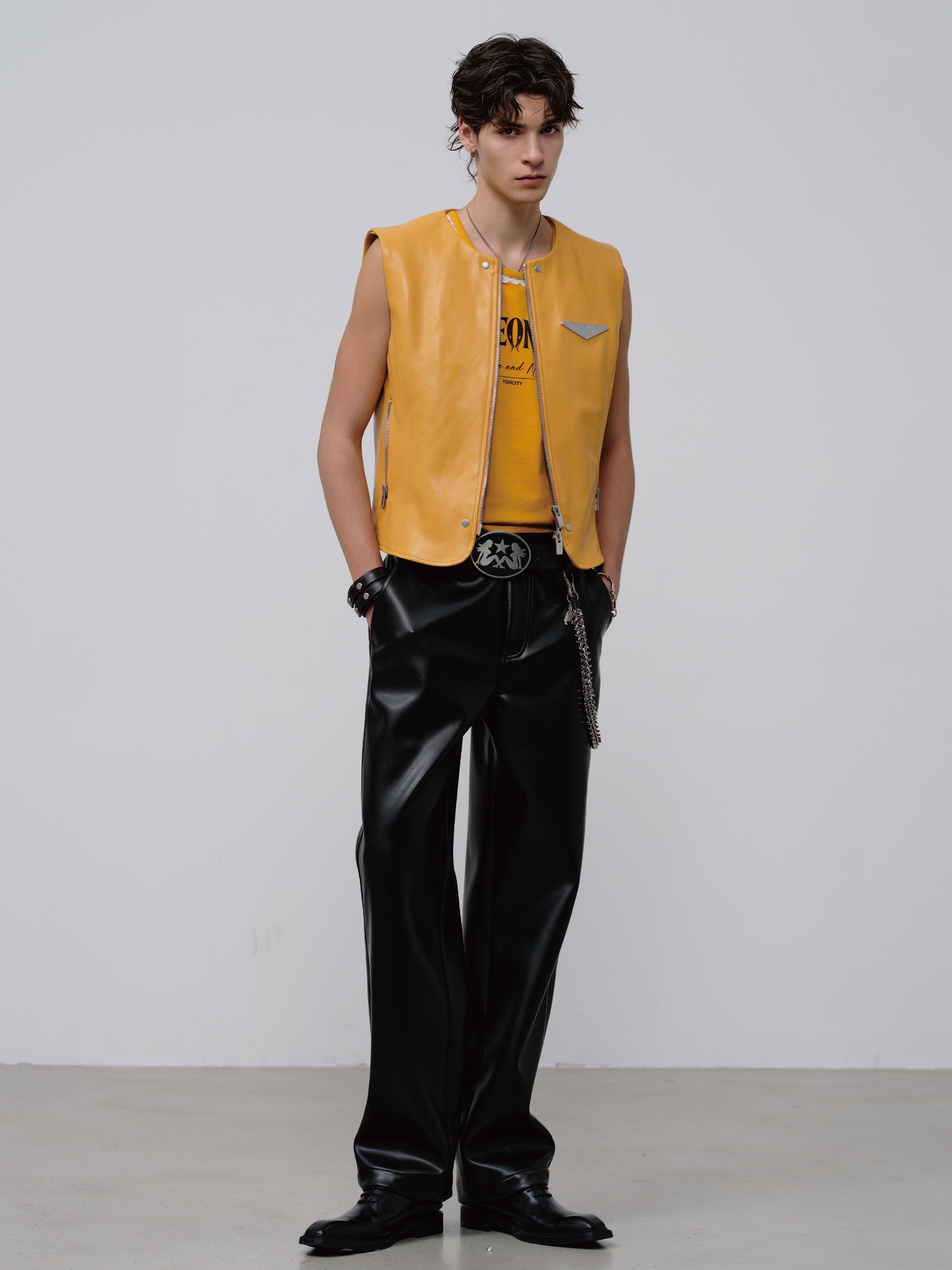 FACEONLAB Reversible Moto Leather Vest Orange, premium urban and streetwear designers apparel on PROJECTISR.com, FACEONLAB