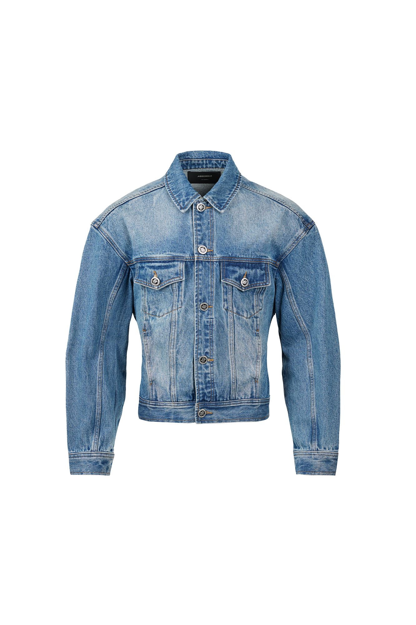 455EMBLE Washed Belted Waist-Cinched Denim Jacket