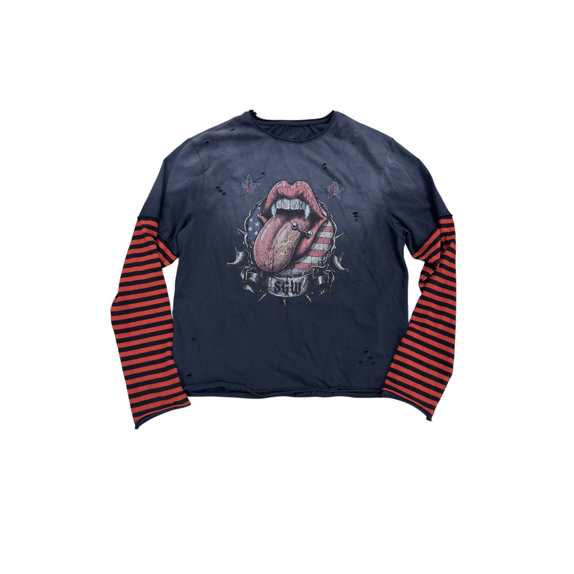 SAXGENWON Distressed Striped Fake Two-Piece Long-Sleeve Tee