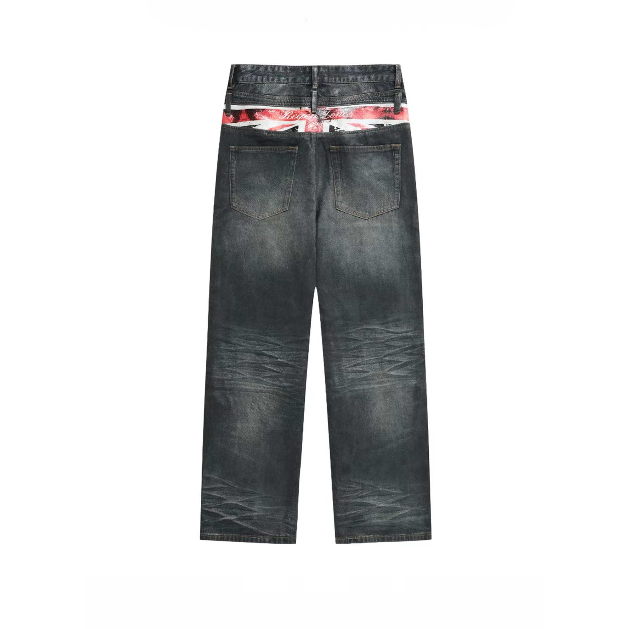 REGEN ZONE Flag Wax-Brushed Studded Double-Waist Jeans