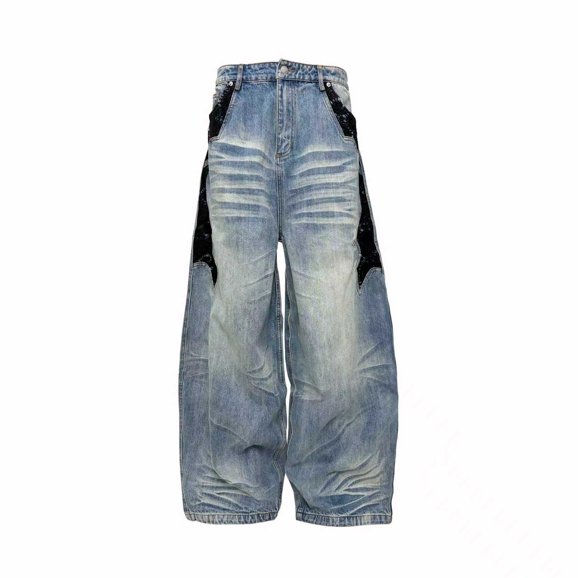 PCCVISION Lace Spliced Washed Wide-Leg Jeans