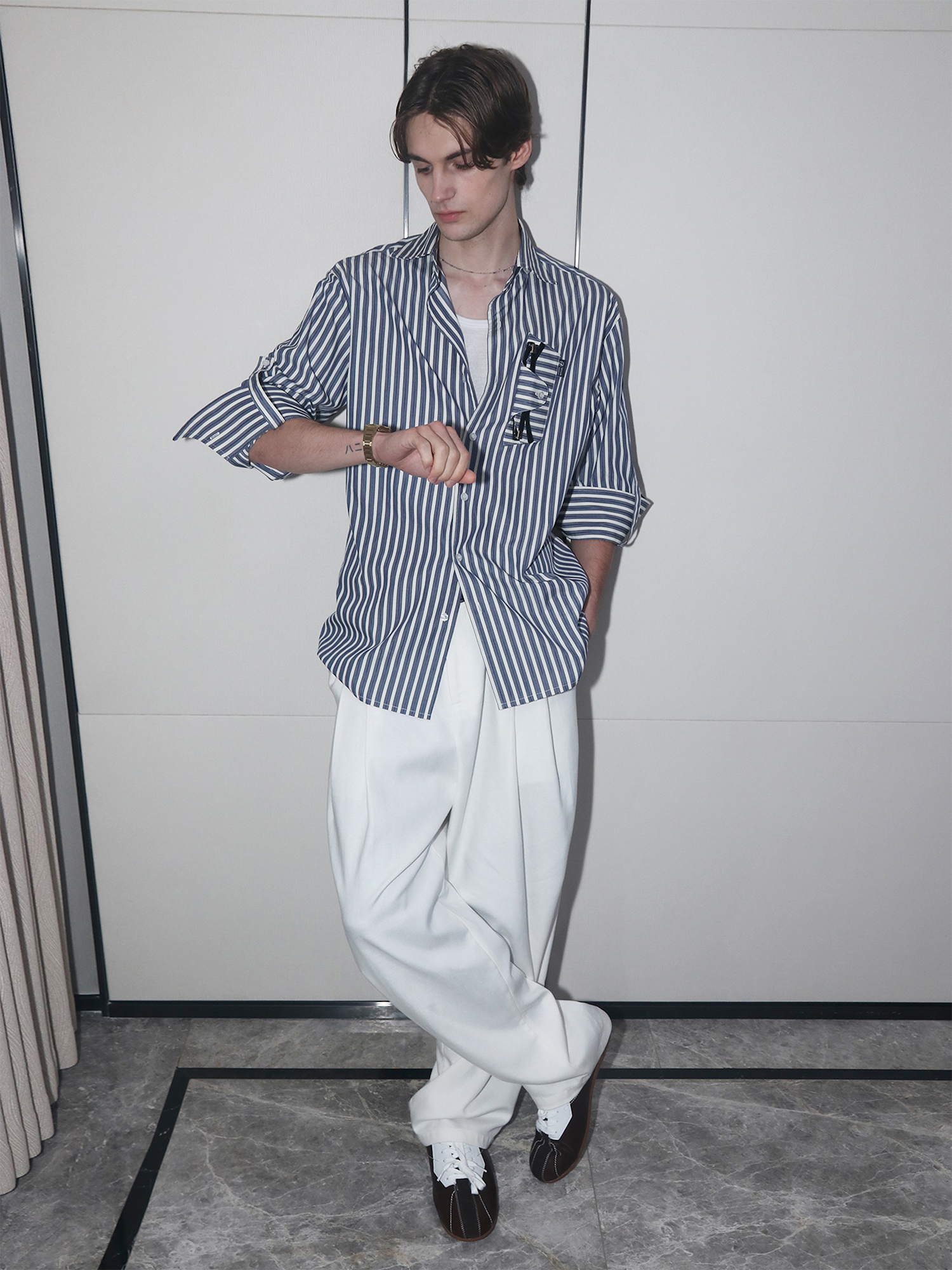 ASSEEN Striped Glasses Pocket Half Shirt Blue
