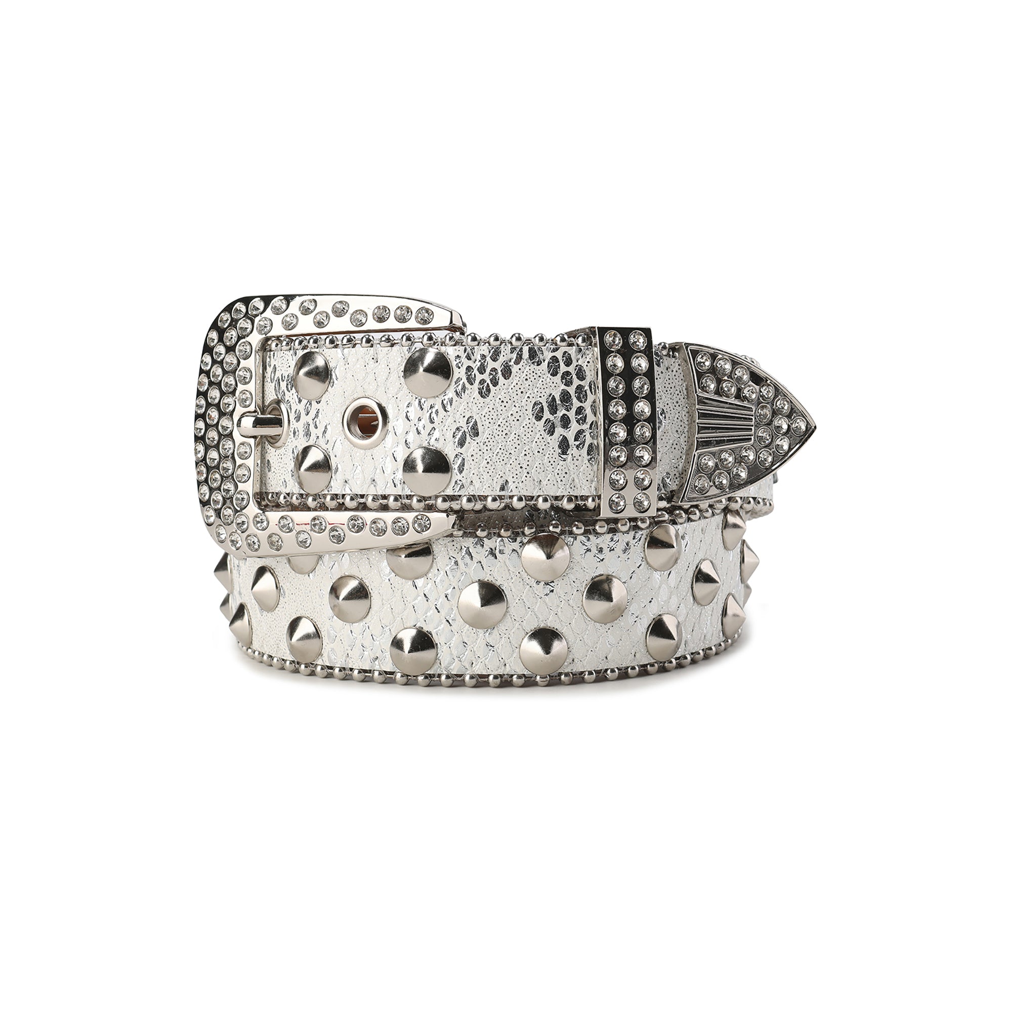 CYCYCY Serpentine Embossed Double Buckle Studded Belt White