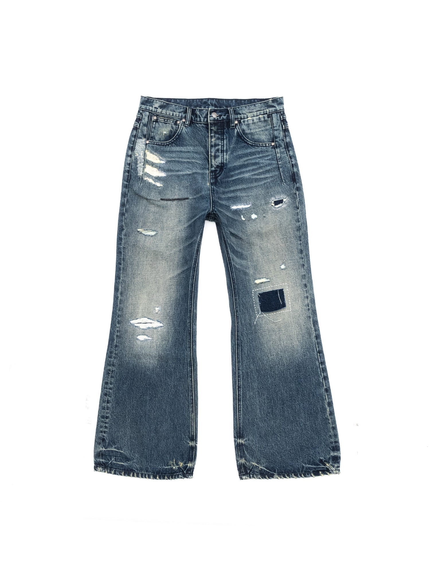 IN EXISTENCE Distressed Stitched Patch Flared Jeans