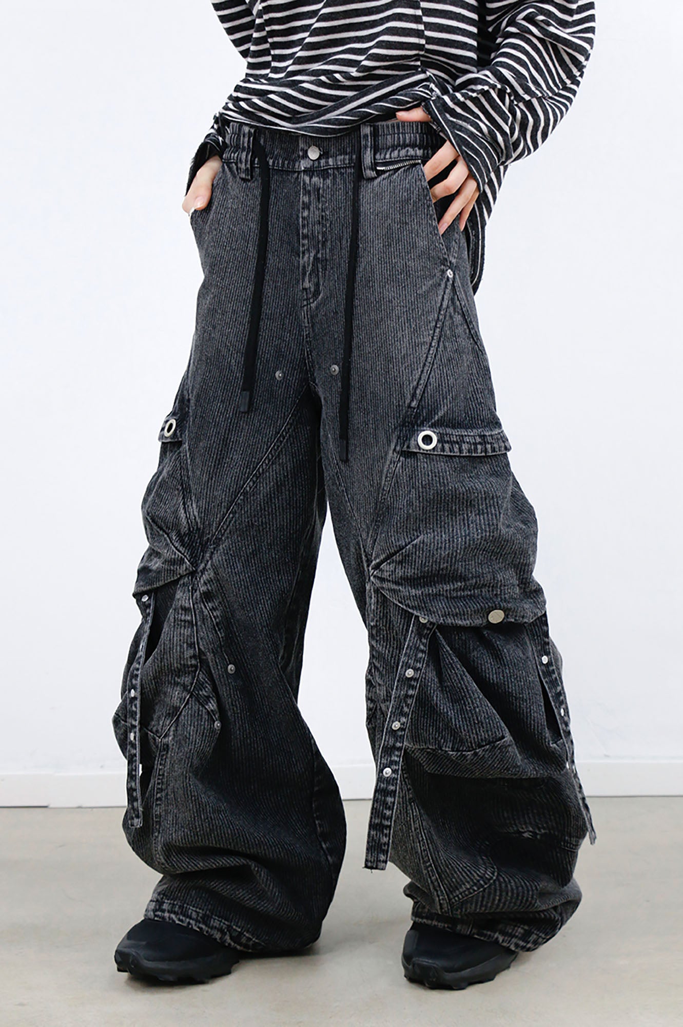 RELABEL Washed Paneled Strap Oversized Cargo Jeans Black, premium urban and streetwear designers apparel on PROJECTISR.com, RELABEL