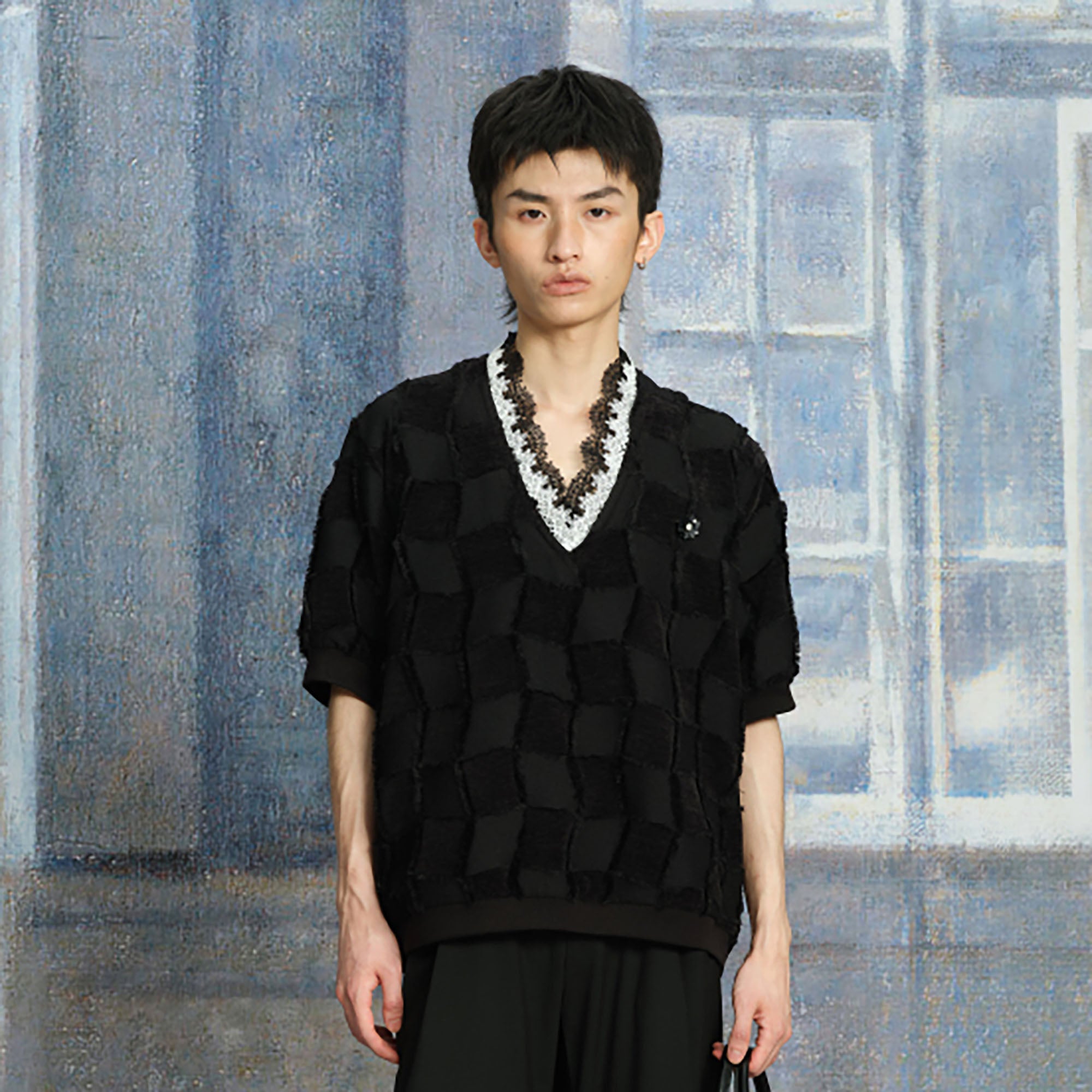 TUIMU Lace-Trim V-Neck Check T-Shirt, premium urban and streetwear designers apparel on PROJECTISR.com, TUIMU