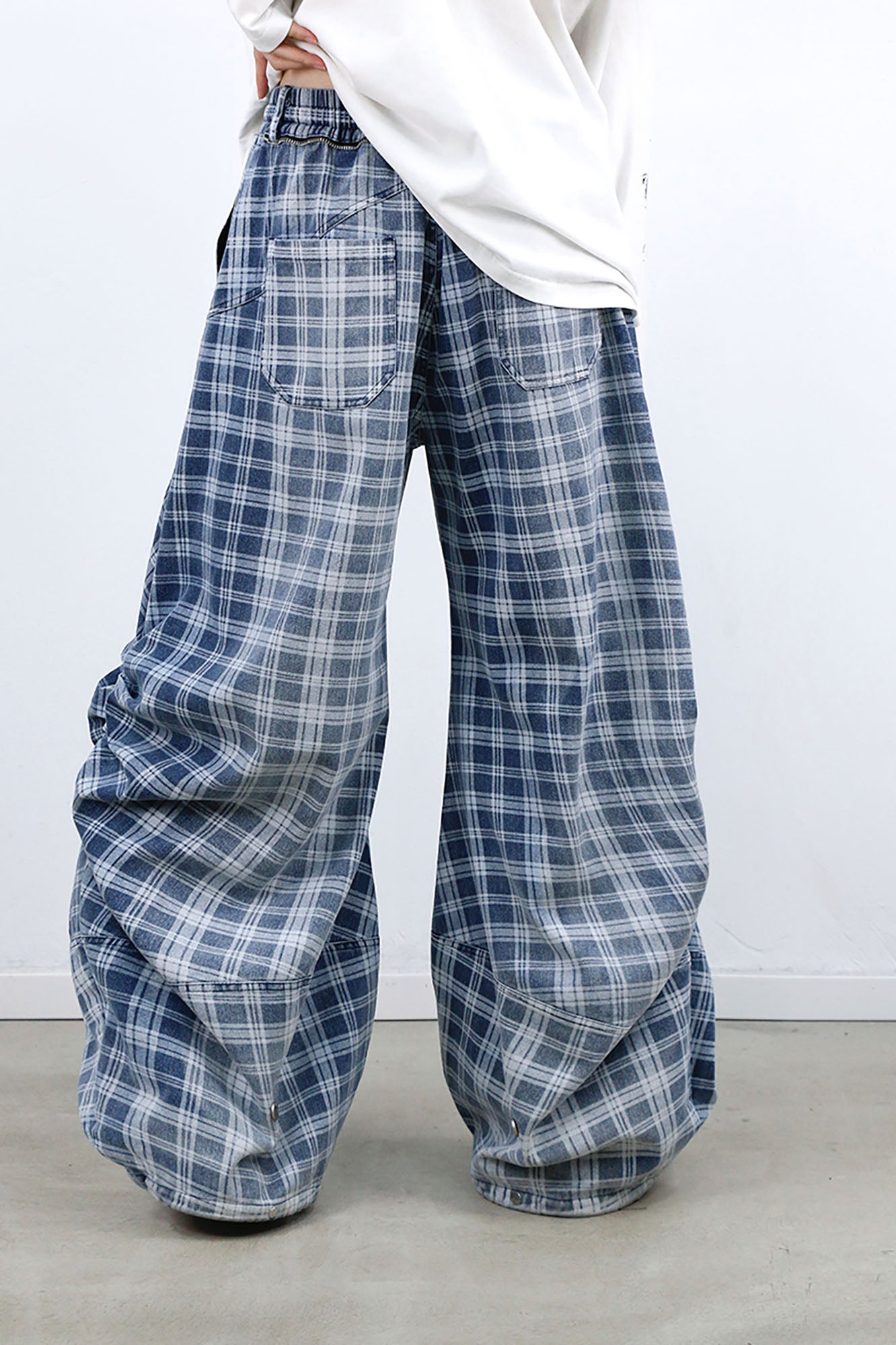 RELABEL Washed Plaid Paneled Oversized Jeans, premium urban and streetwear designers apparel on PROJECTISR.com, RELABEL