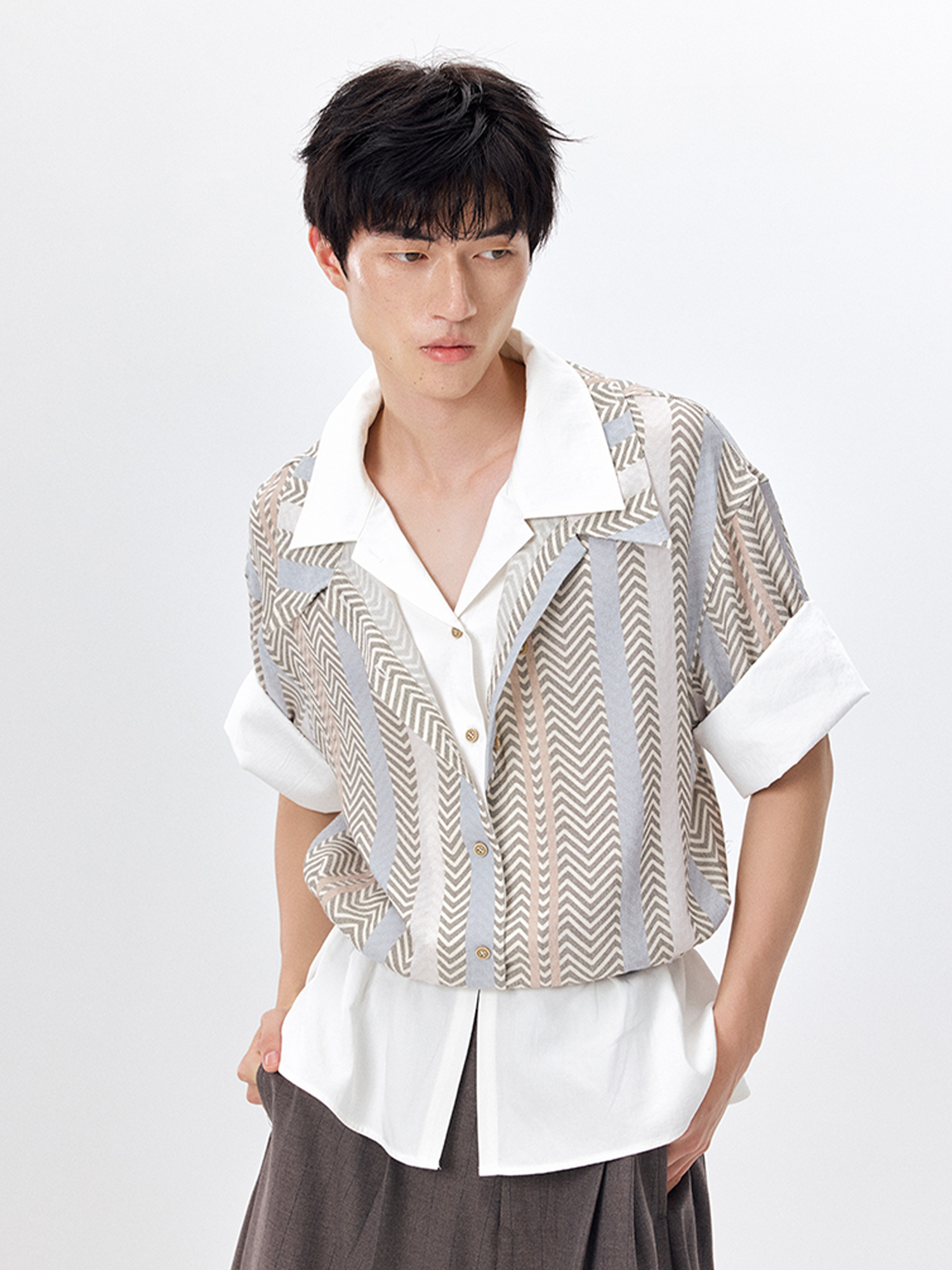 TUIMU Layered Camp Collar Striped Shirt