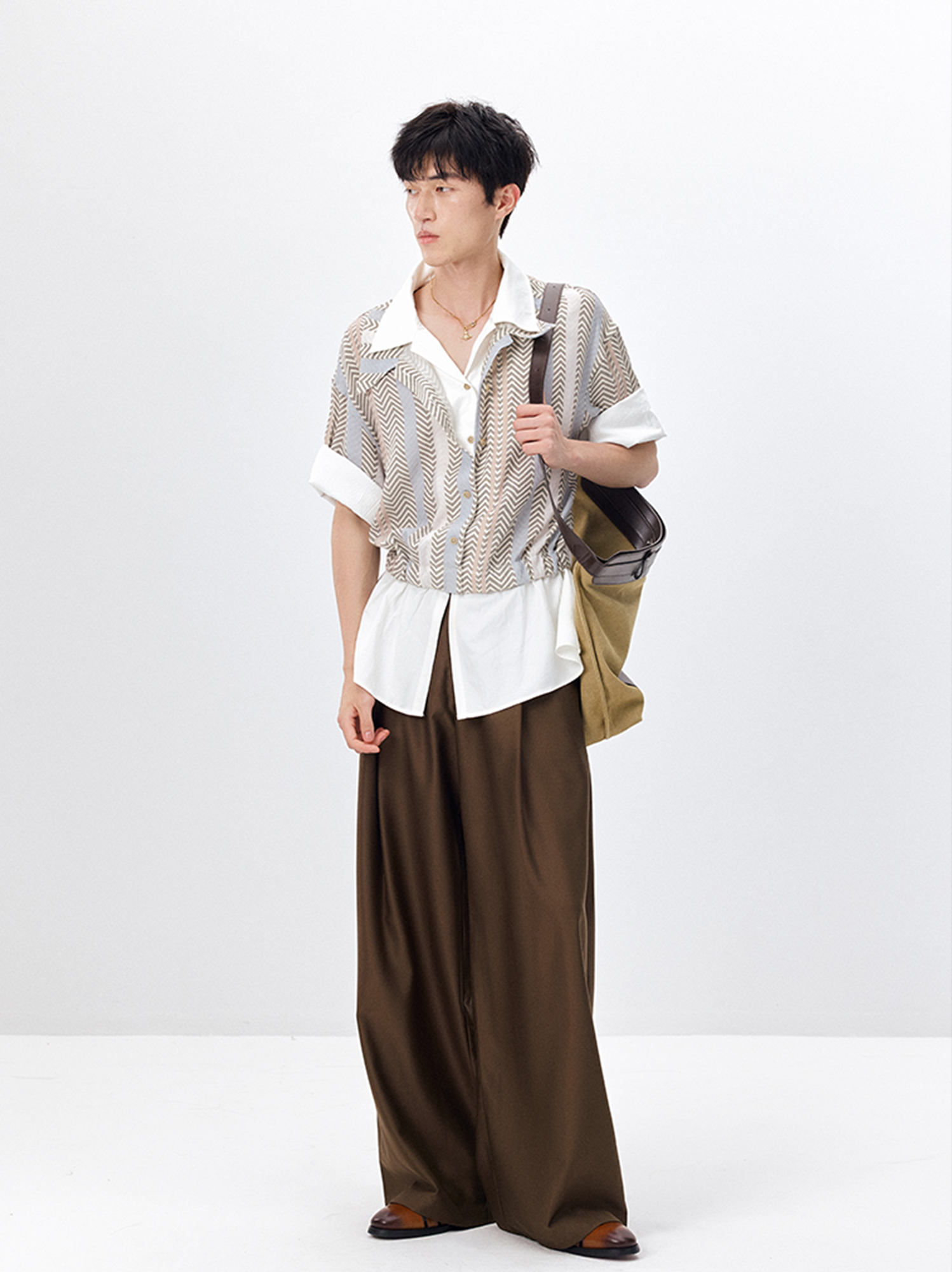 TUIMU Layered Camp Collar Striped Shirt