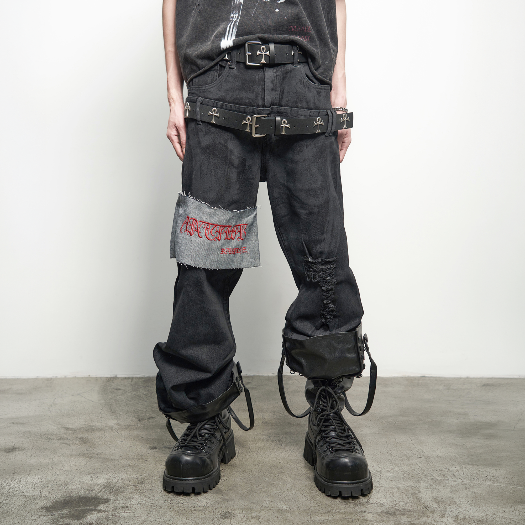 ANTI WAR REVIVAL Panelled Waxed Distressed Embroidered Double-Waistband Jeans