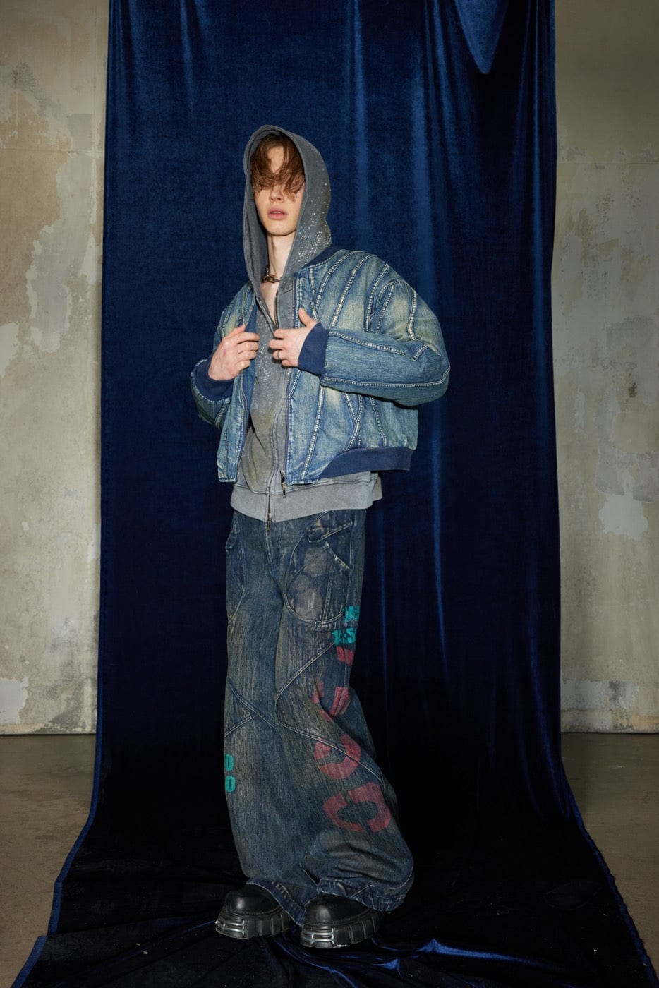 DND4DES Spliced Graffiti Wide-Leg Jeans, premium urban and streetwear designers apparel on PROJECTISR.com, DND4DES