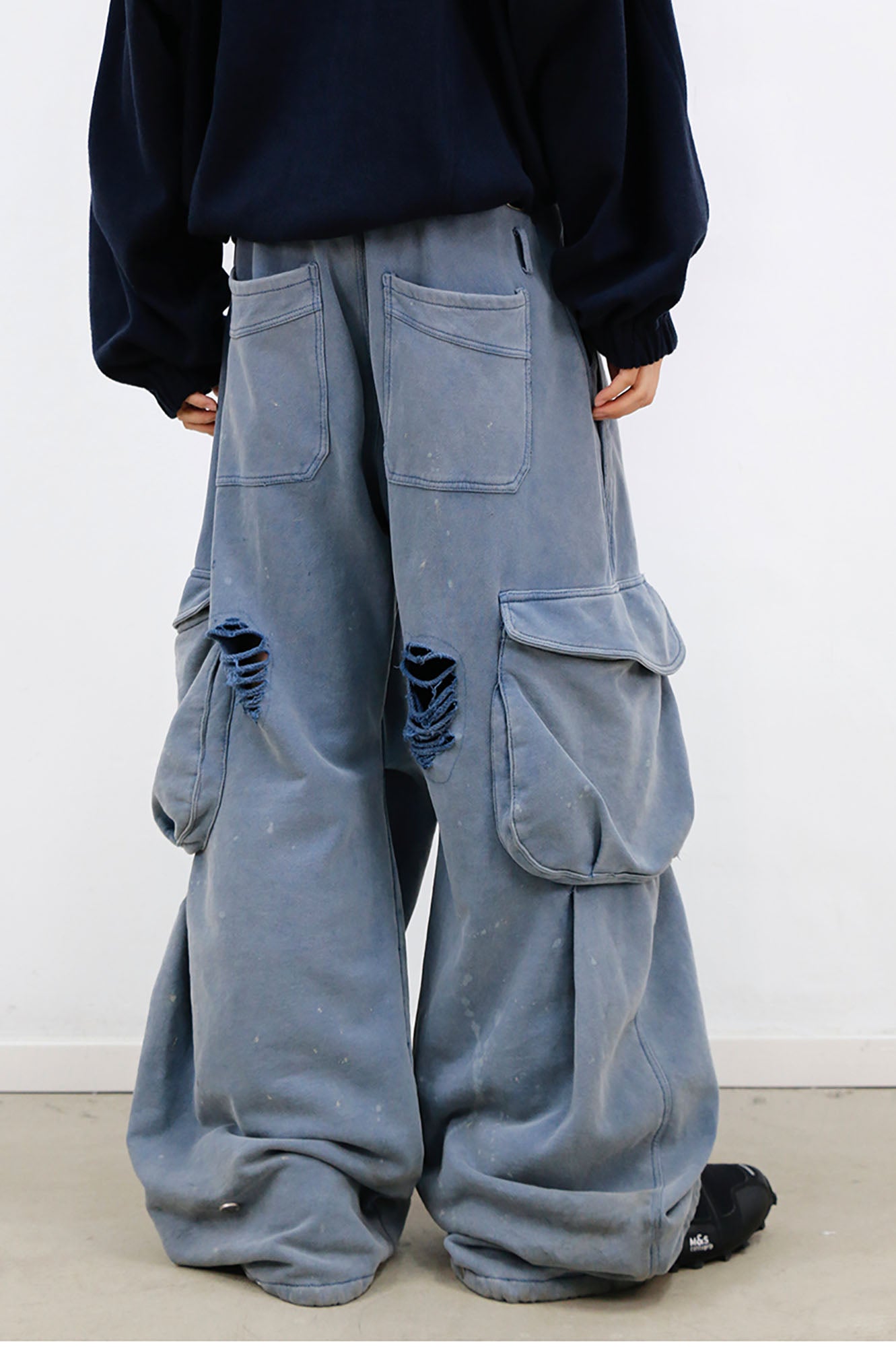 RELABEL Distressed Splatter Double-Waist Cargo Pants, premium urban and streetwear designers apparel on PROJECTISR.com, RELABEL