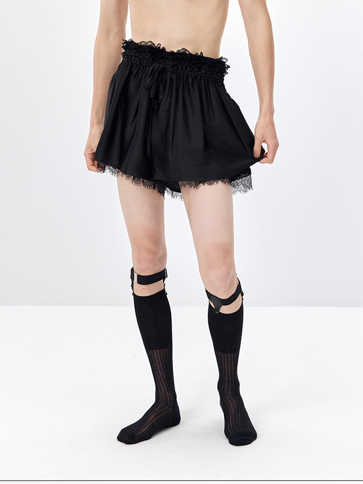 TUIMU Lace Panel Acetate Shorts