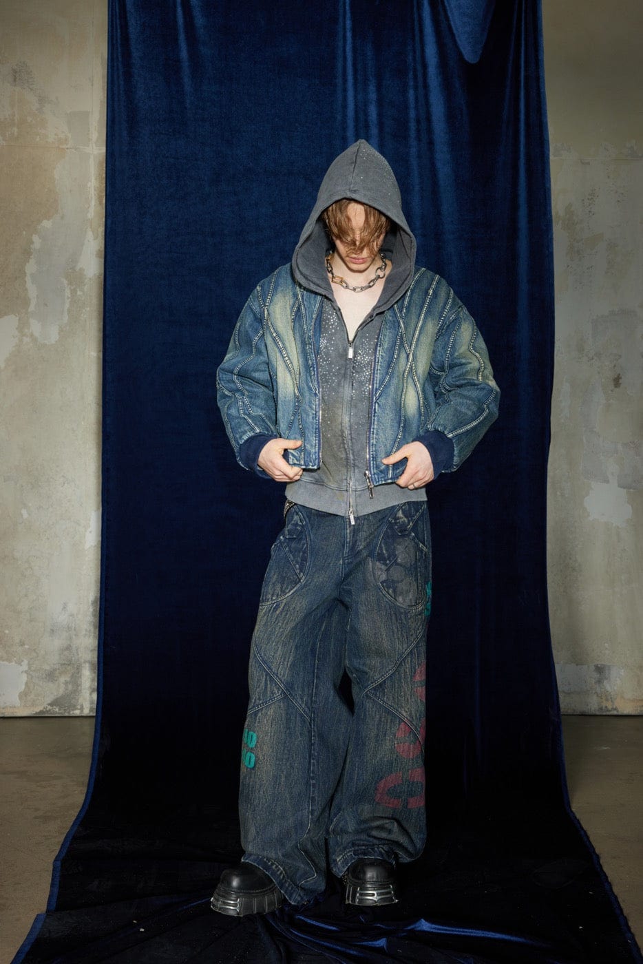 DND4DES Deconstructed Washed Denim Bomber Jacket, premium urban and streetwear designers apparel on PROJECTISR.com, DND4DES