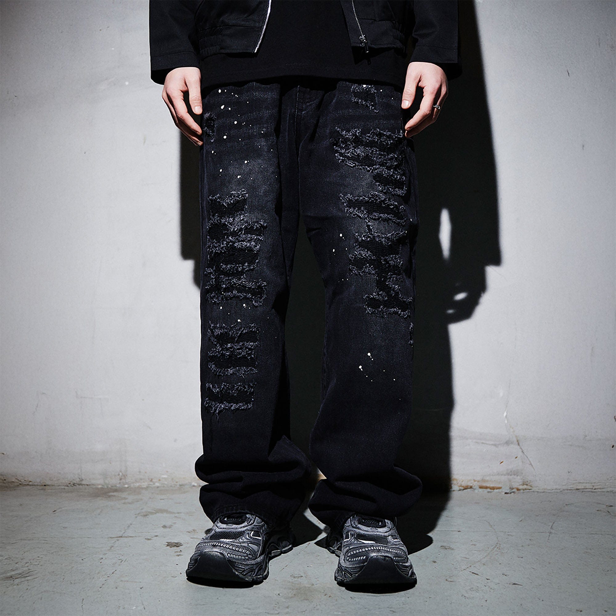 BLACK8MOB Ripped Splatter Straight-Leg Jeans, premium urban and streetwear designers apparel on PROJECTISR.com, BLACK8MOB