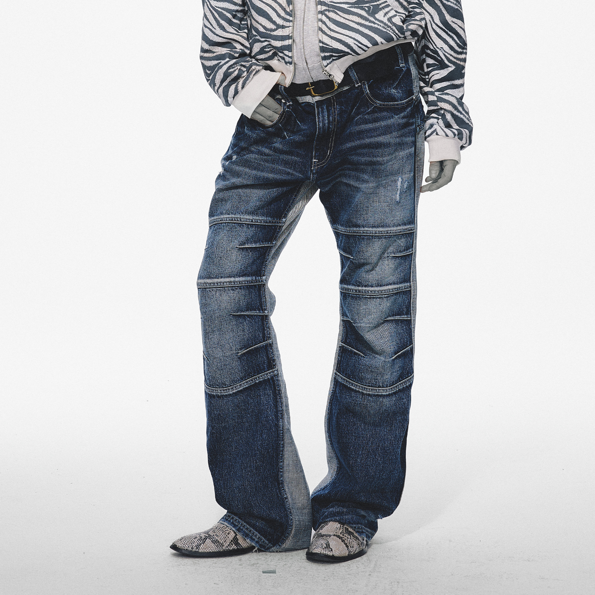 TRECLUB Retro Washed Distressed Spliced Jeans