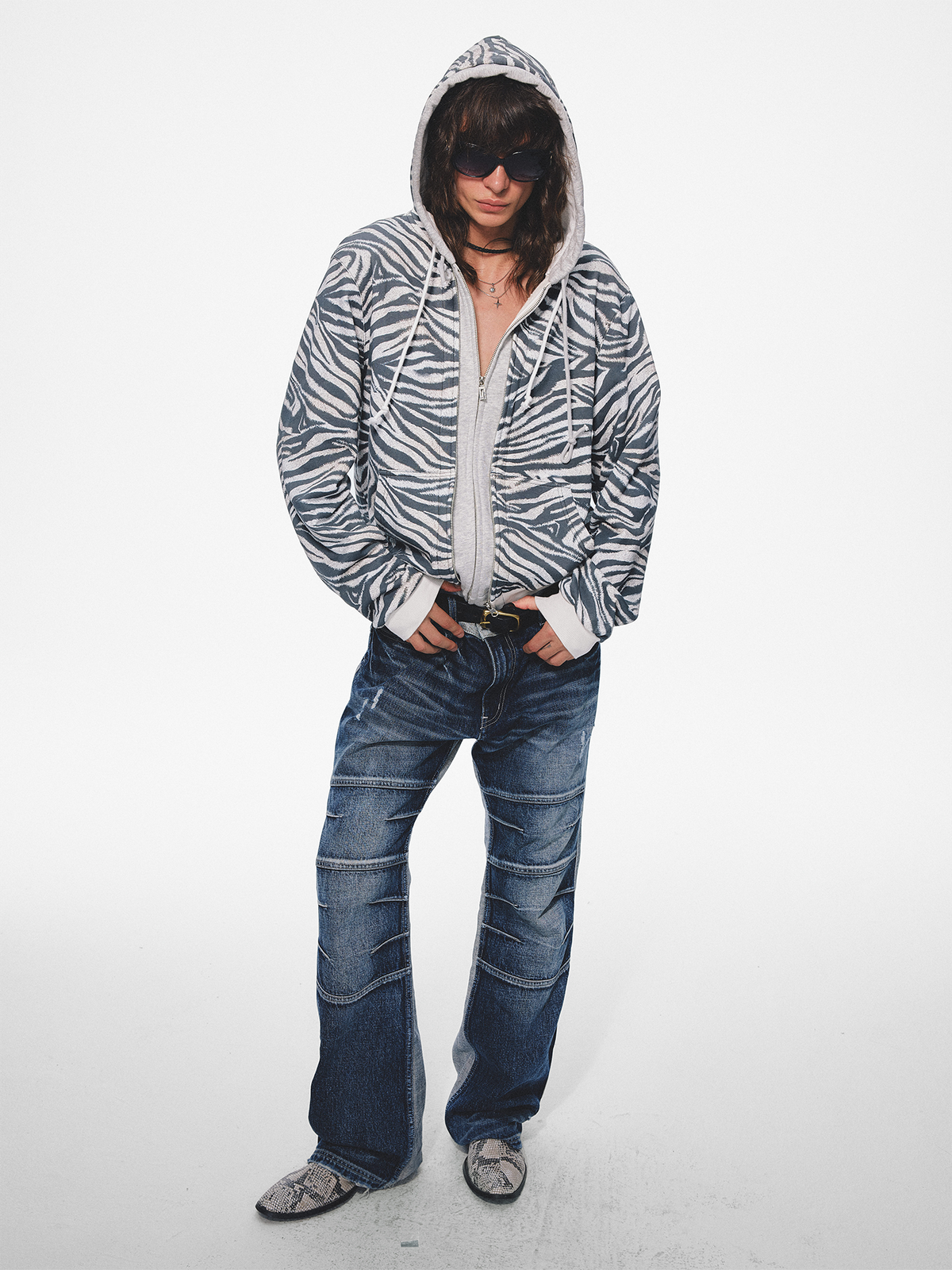 TRECLUB Retro Zebra-Print Zip-Up Hoodie