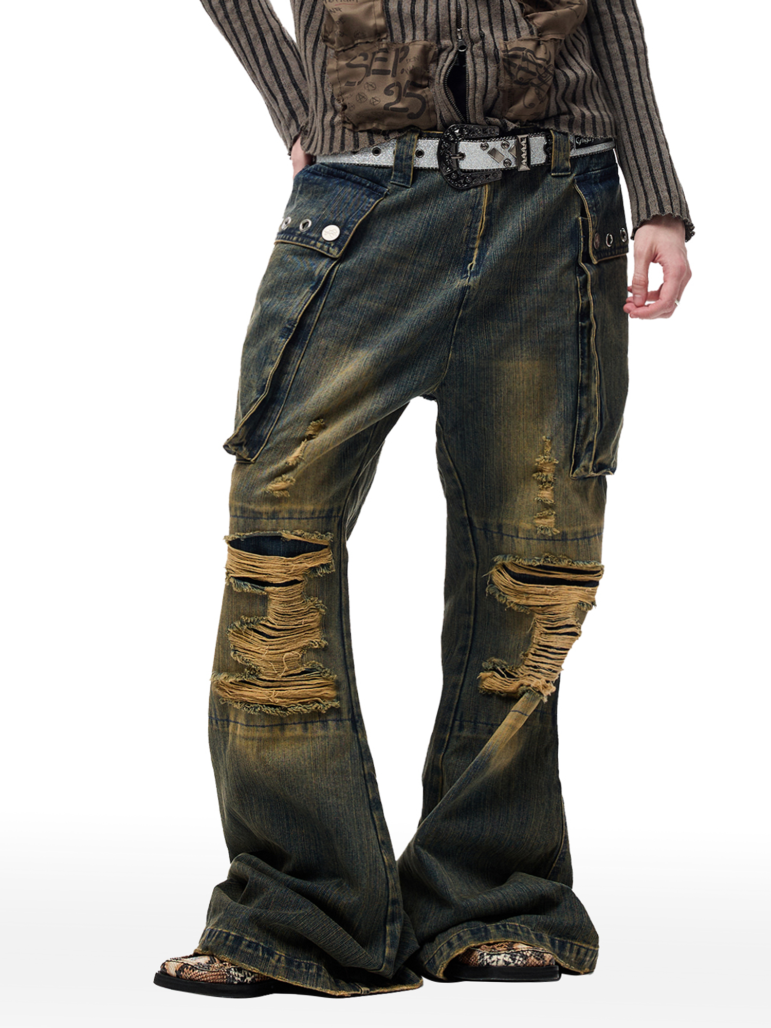 CYCYCY Distressed Big-Pocket Flared Jeans