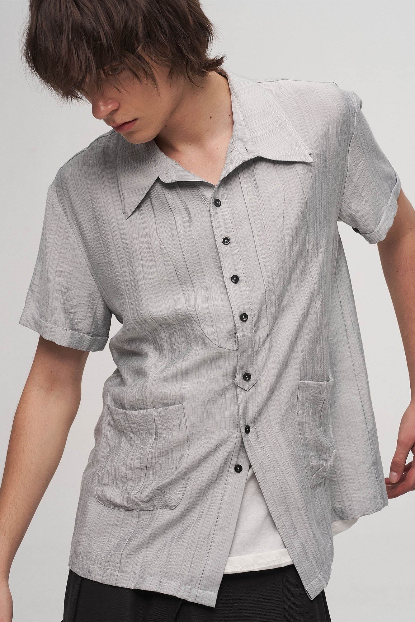 ILNya Nieternite Nifutur Stripe Crinkled Spliced Layered Collar T-Shirt Silver