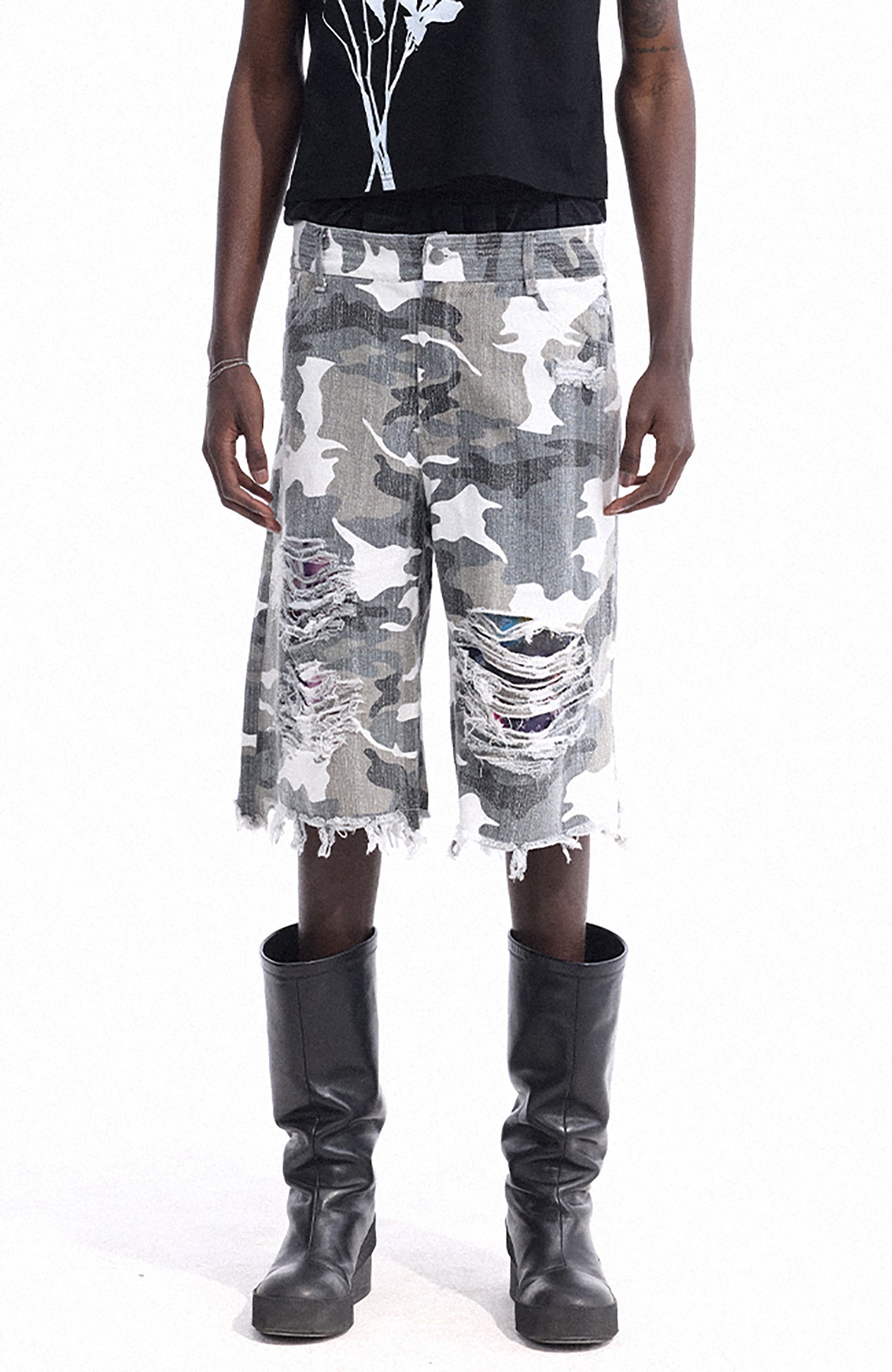 DREAM BAND Camo Distressed Denim Shorts