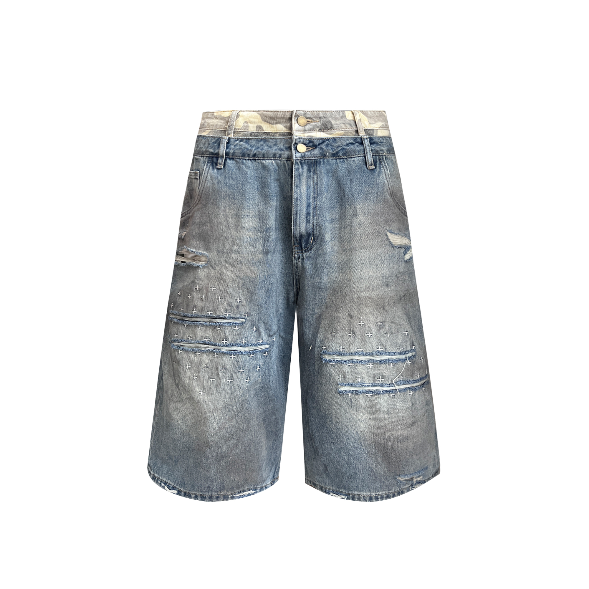 TH4SWE Double-Waist Cross Embroidered Distressed Shorts