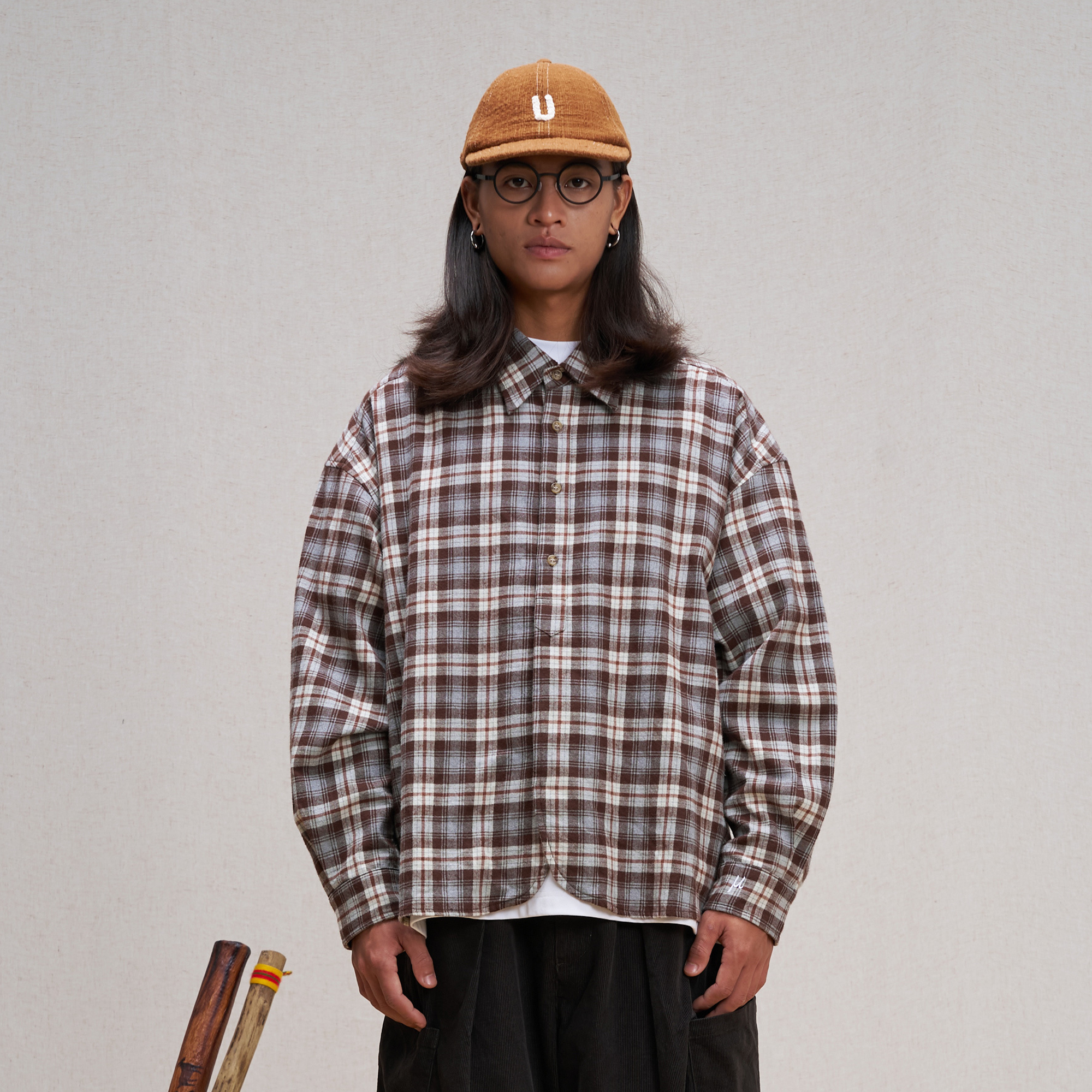 UNLIMITED MOTE Plaid Oversized Half-Open Collar Shirt Brown, premium urban and streetwear designers apparel on PROJECTISR.com, UNLIMITED MOTE