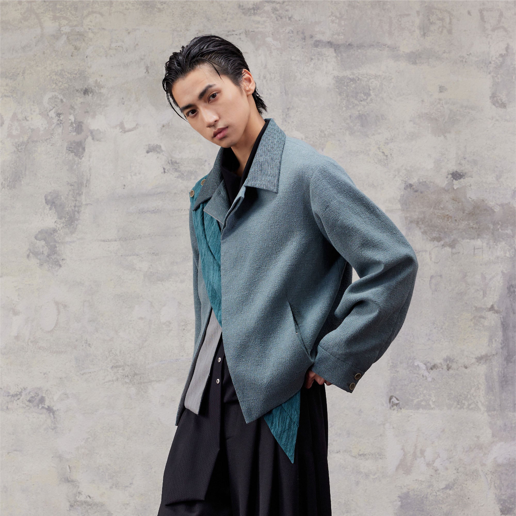 ALVNG AR ANTS Asymmetric Scarf Linen-Blend Jacket