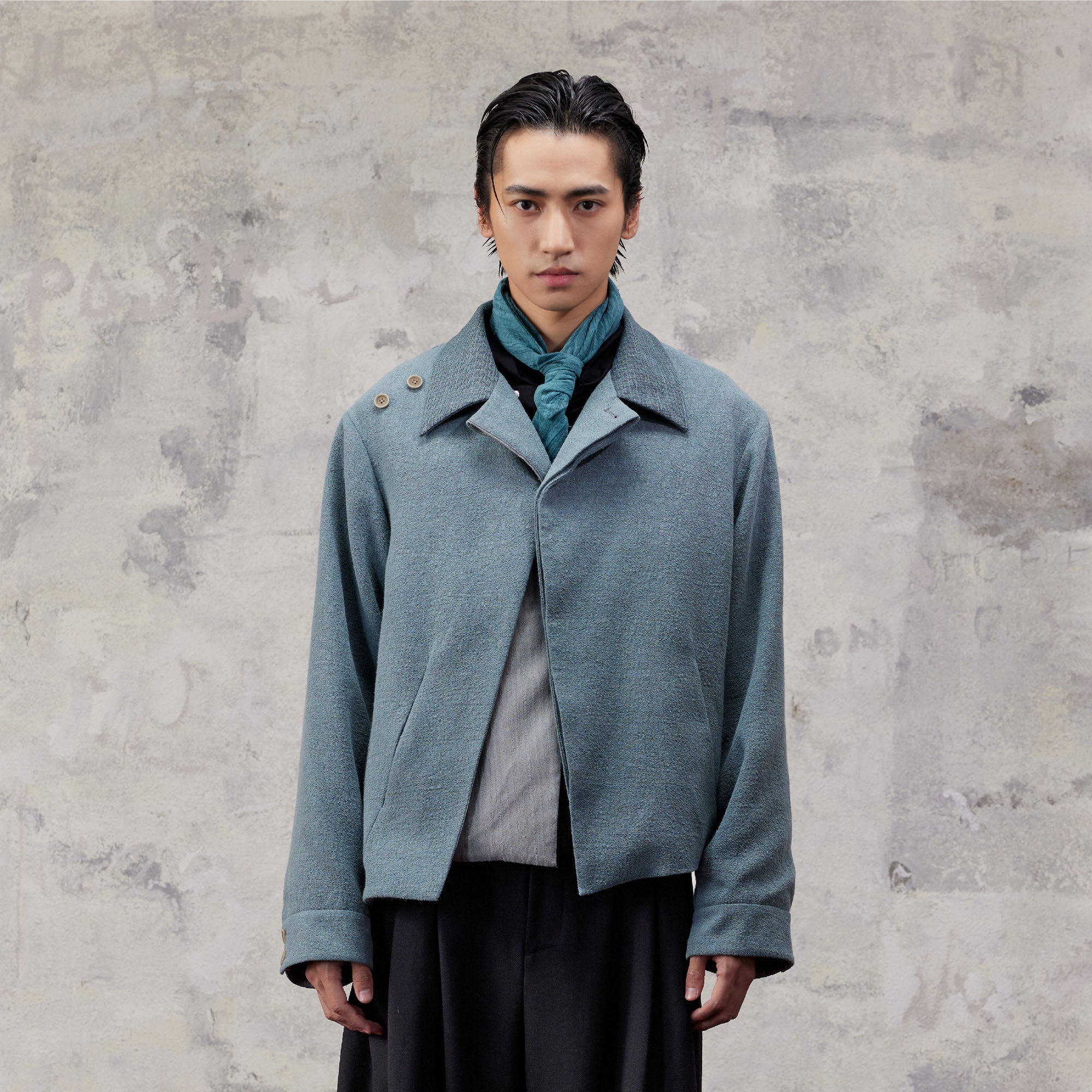 ALVNG AR ANTS Asymmetric Scarf Linen-Blend Jacket