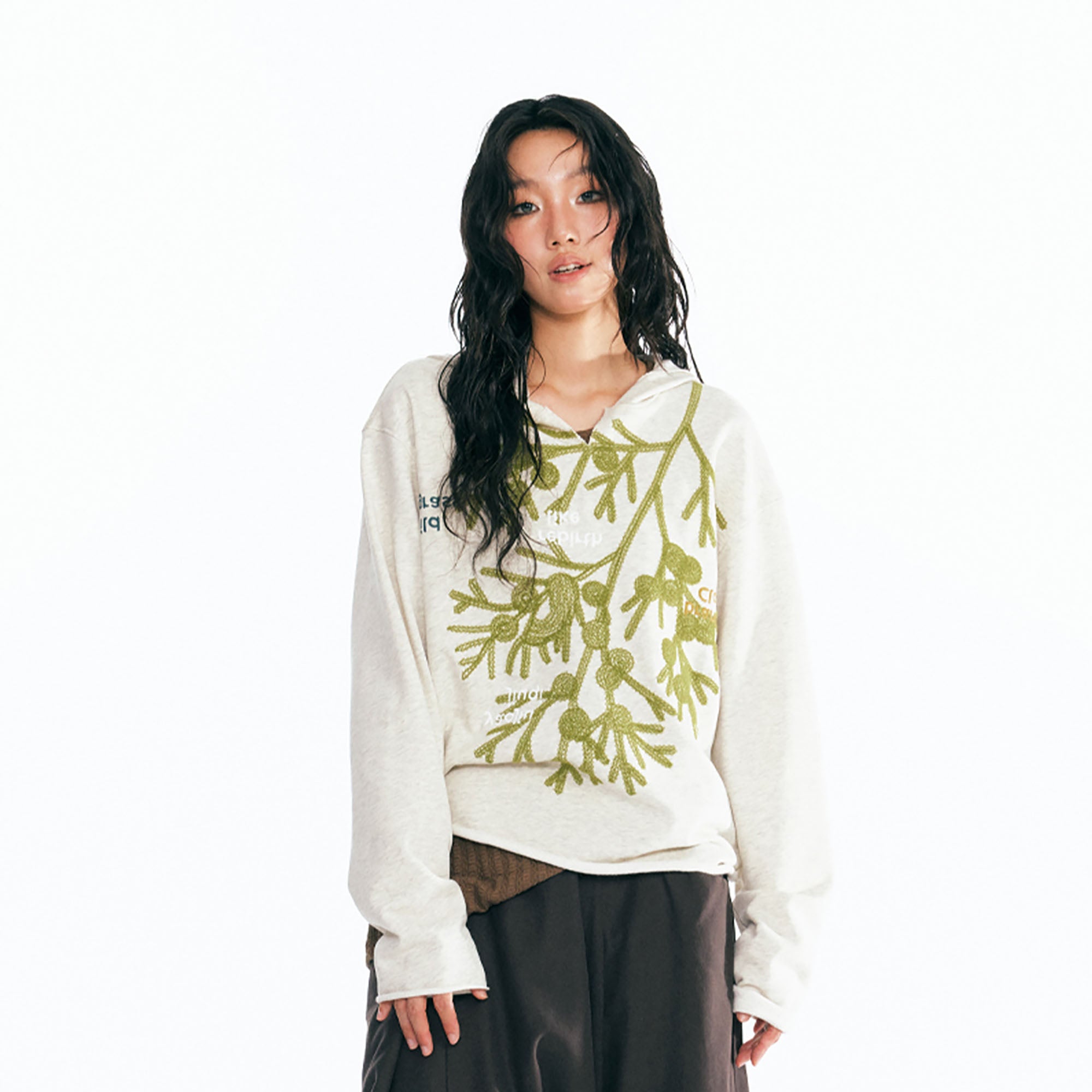 1997 POSTOFFICE Sesame Leaf Embroidered V-Neck Hoodie, premium urban and streetwear designers apparel on PROJECTISR.com, 1997 POSTOFFICE
