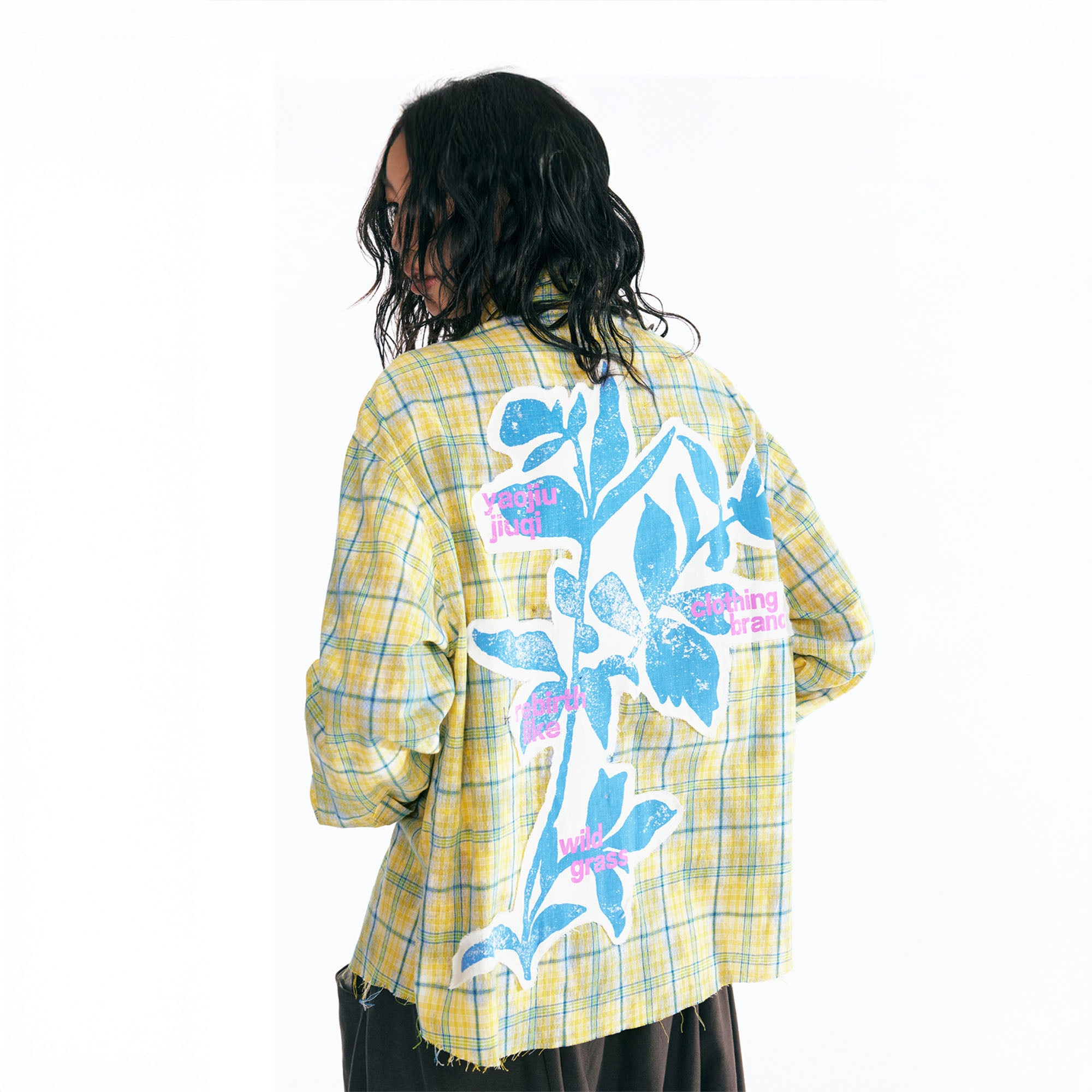 1997 POSTOFFICE Sesame Leaf Patch Ruffle Plaid Shirt, premium urban and streetwear designers apparel on PROJECTISR.com, 1997 POSTOFFICE