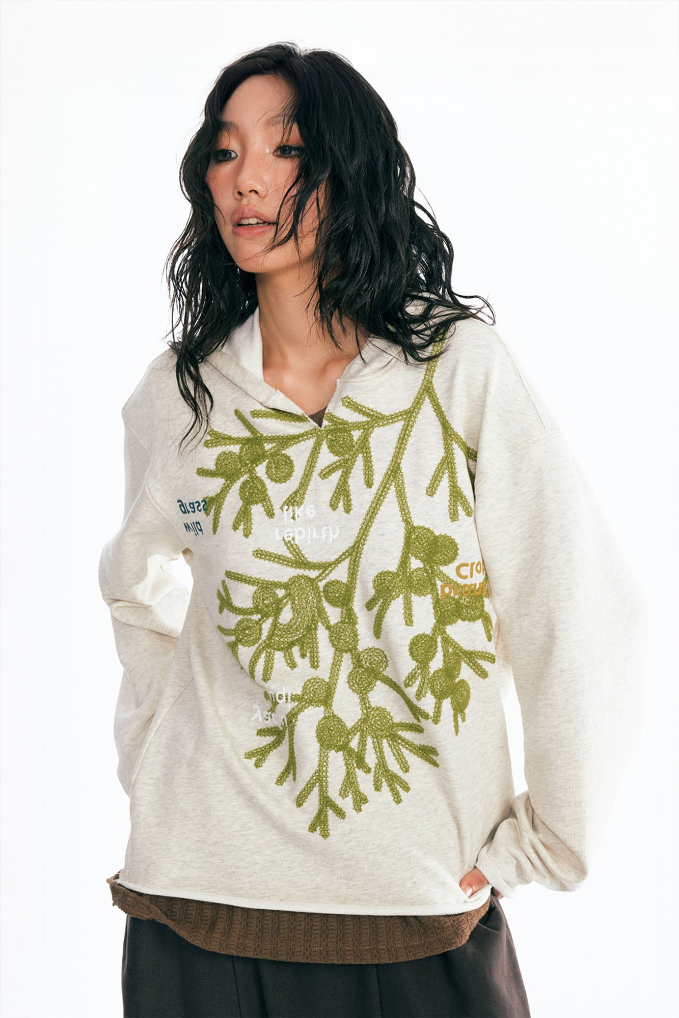 1997 POSTOFFICE Sesame Leaf Embroidered V-Neck Hoodie, premium urban and streetwear designers apparel on PROJECTISR.com, 1997 POSTOFFICE