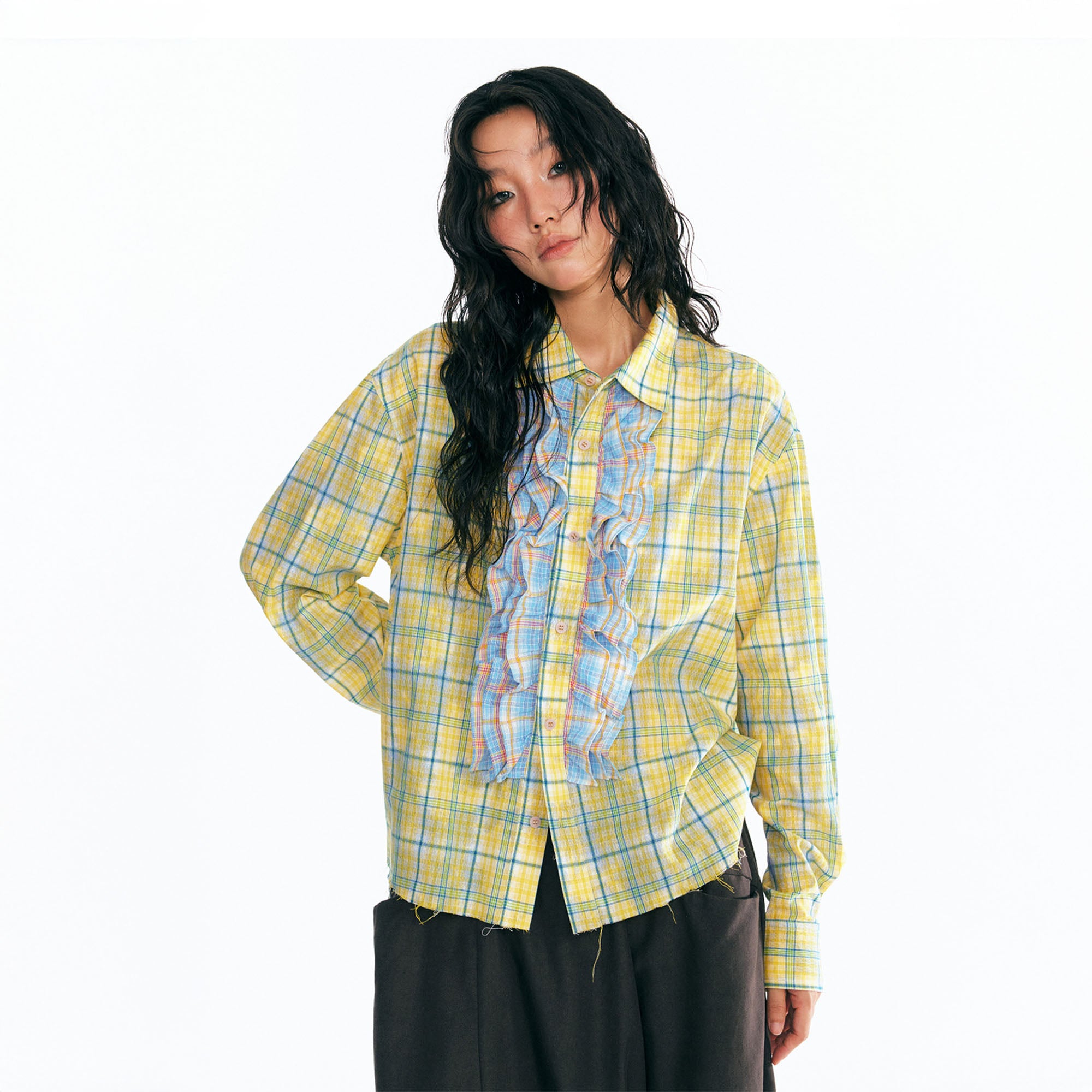 1997 POSTOFFICE Sesame Leaf Patch Ruffle Plaid Shirt, premium urban and streetwear designers apparel on PROJECTISR.com, 1997 POSTOFFICE