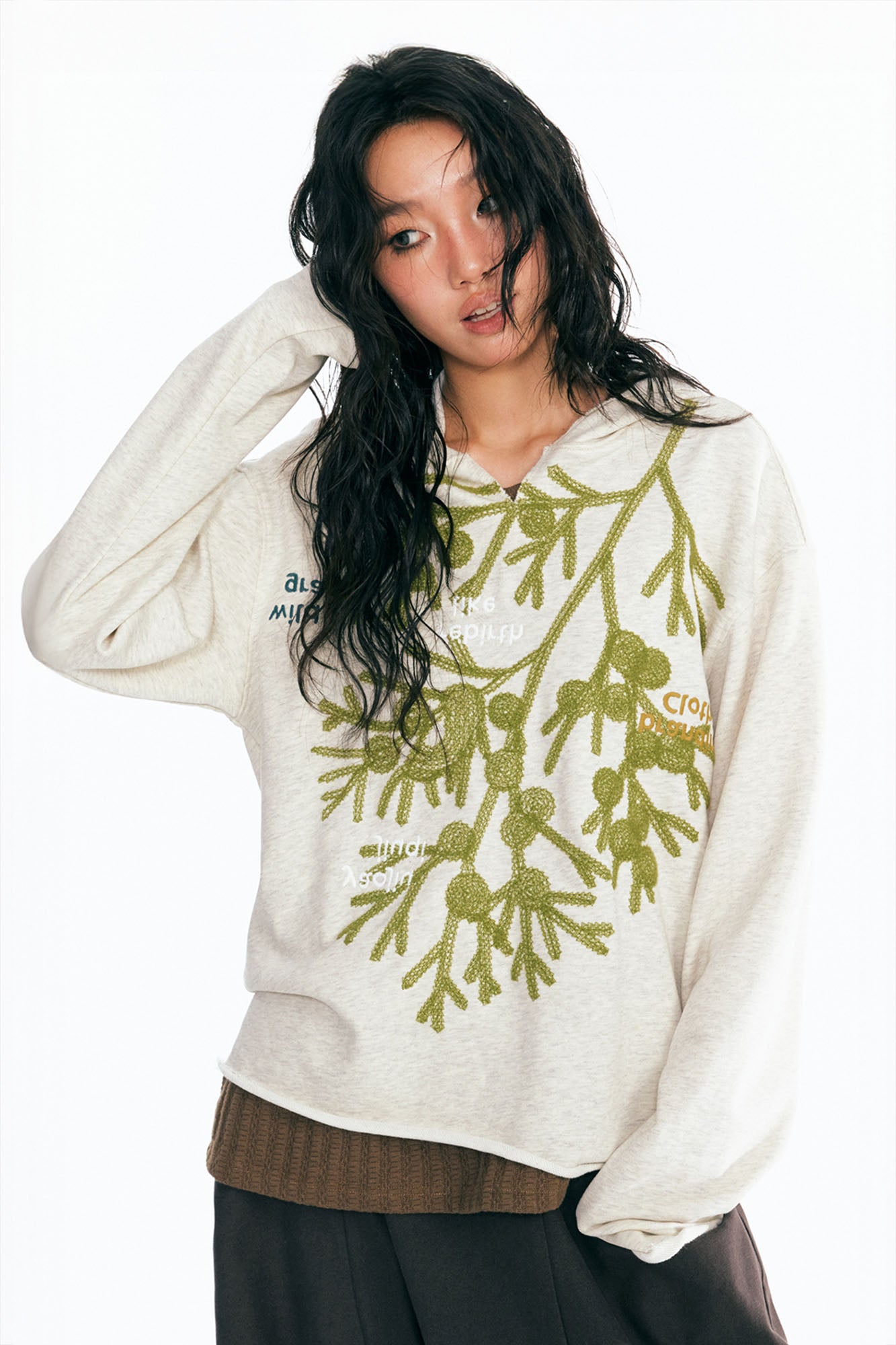 1997 POSTOFFICE Sesame Leaf Embroidered V-Neck Hoodie, premium urban and streetwear designers apparel on PROJECTISR.com, 1997 POSTOFFICE