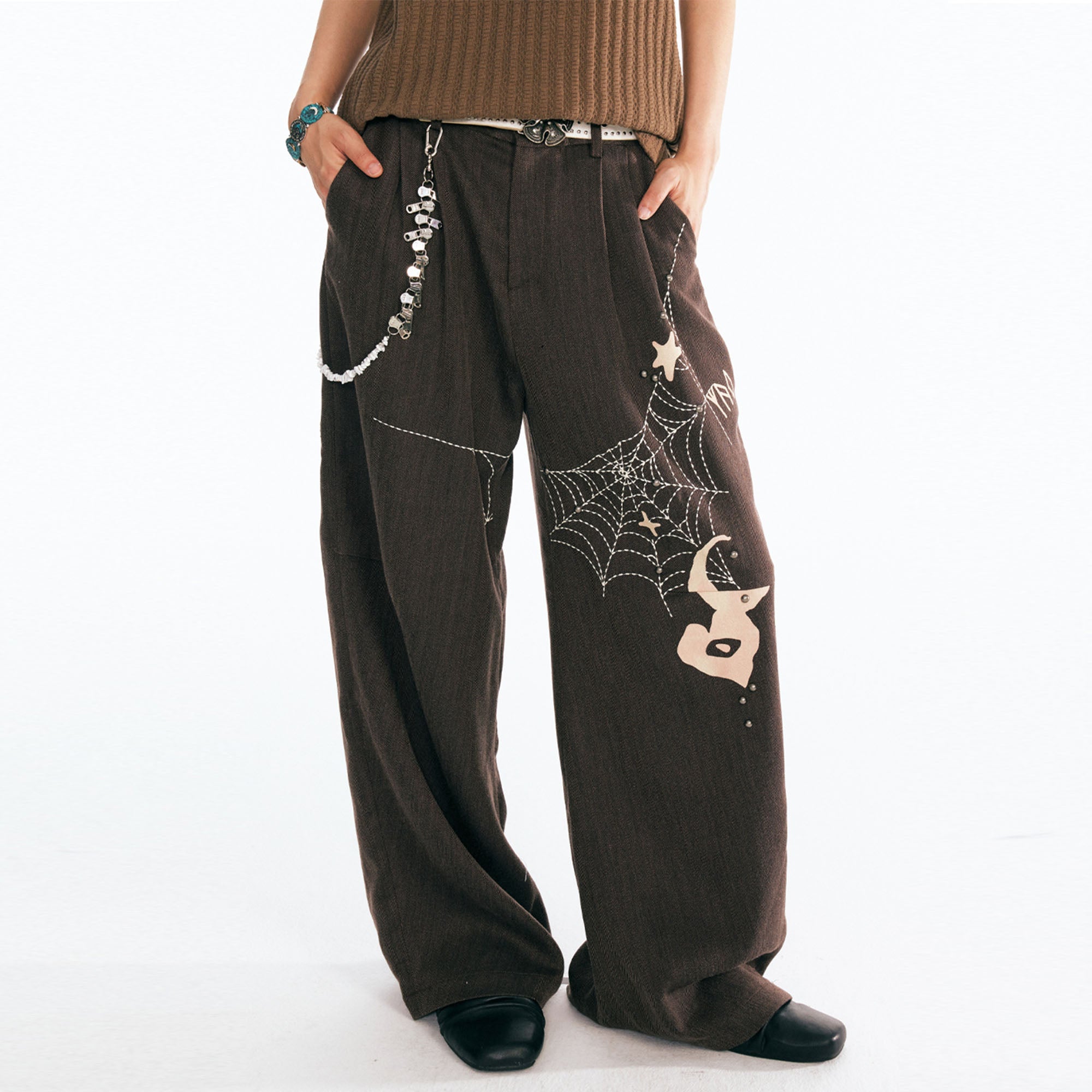 1997 POSTOFFICE Dreamcatcher Graphic Embroidered Wide-Leg Trousers, premium urban and streetwear designers apparel on PROJECTISR.com, 1997 POSTOFFICE