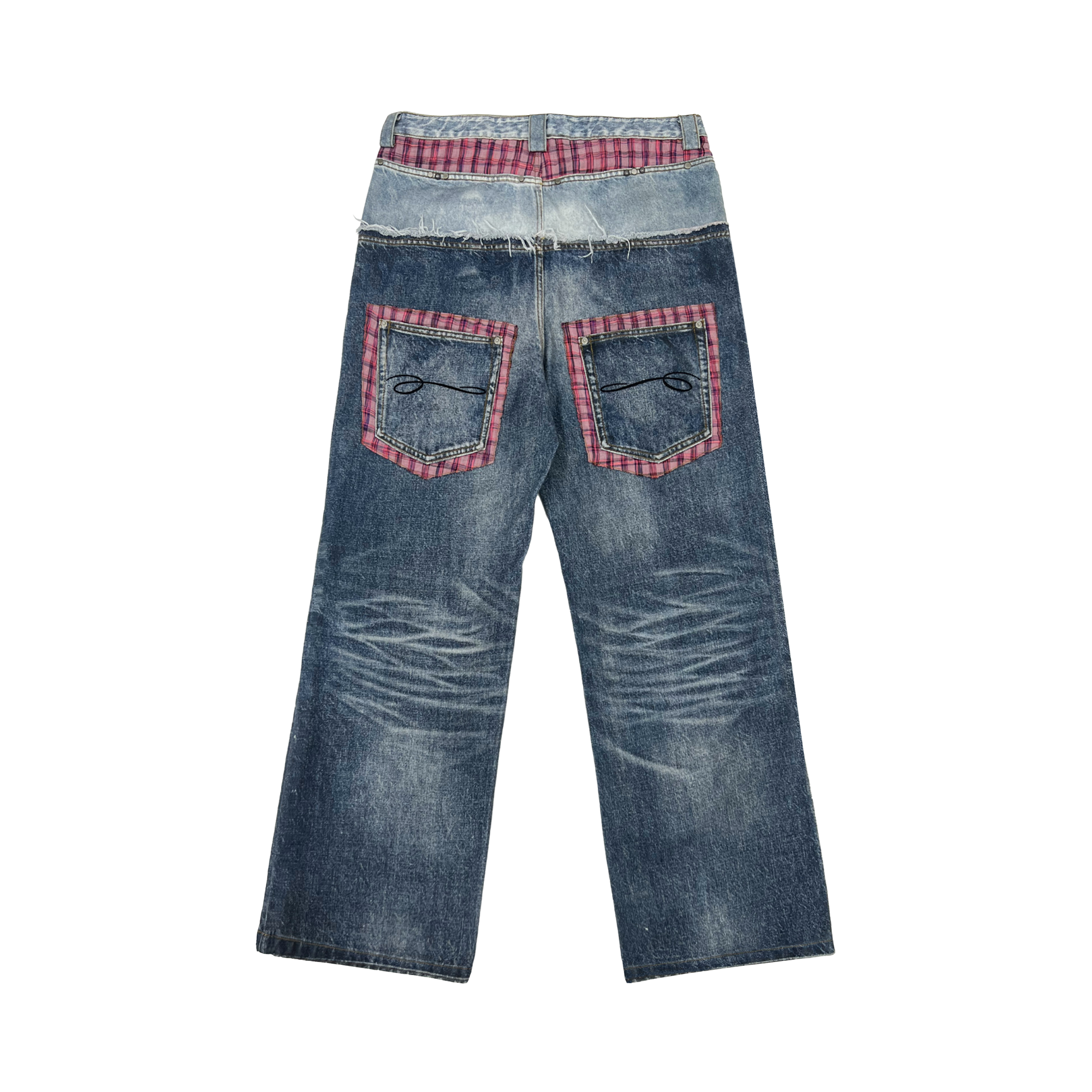 TECNINEGROUP Washed Plaid Paneled Double-Waist Jeans