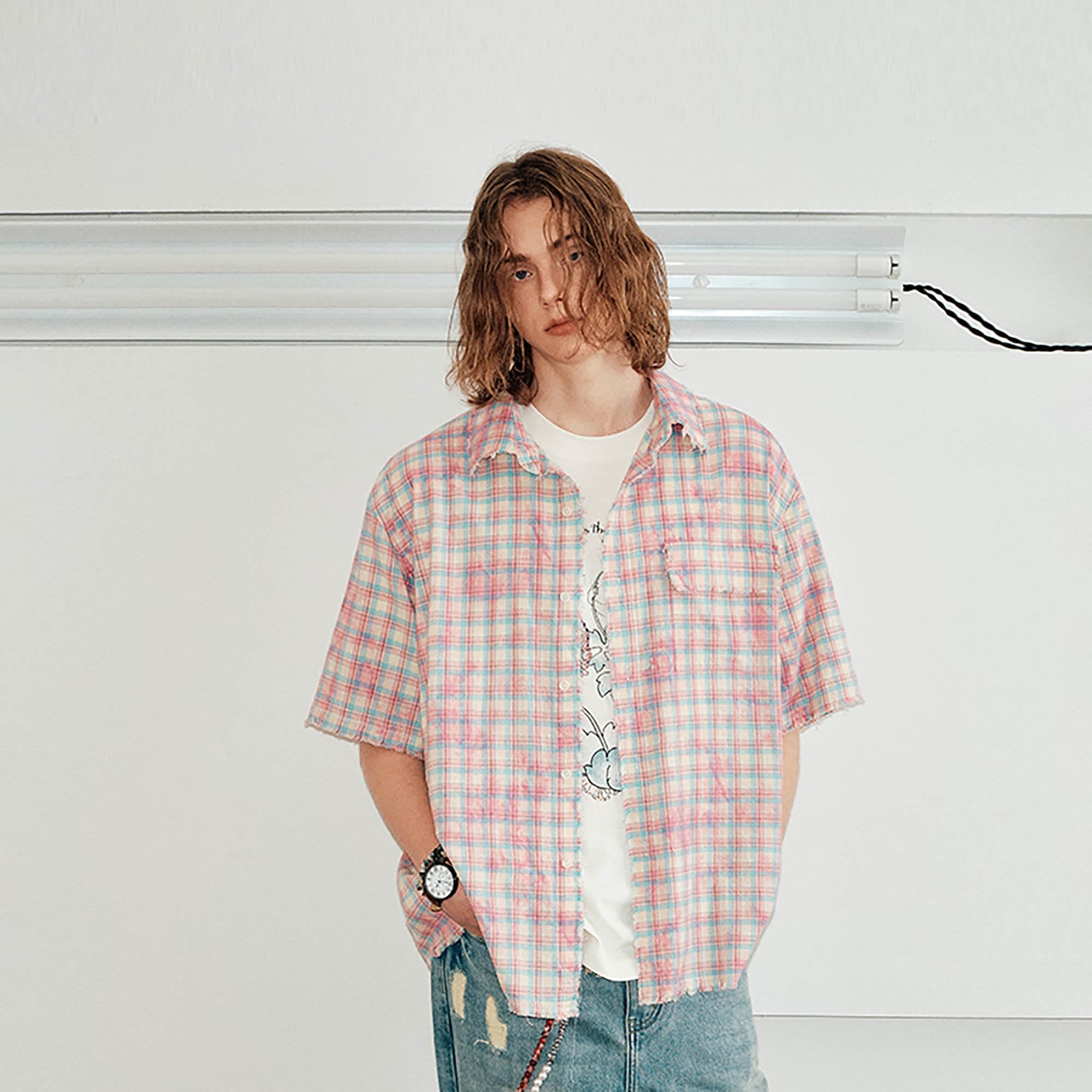 KREATE Frayed Tie-Dye Plaid Half Shirt