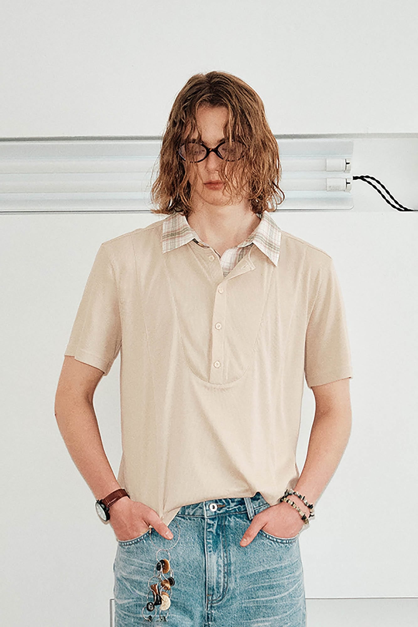 KREATE Layered Plaid Collar Polo T-Shirt