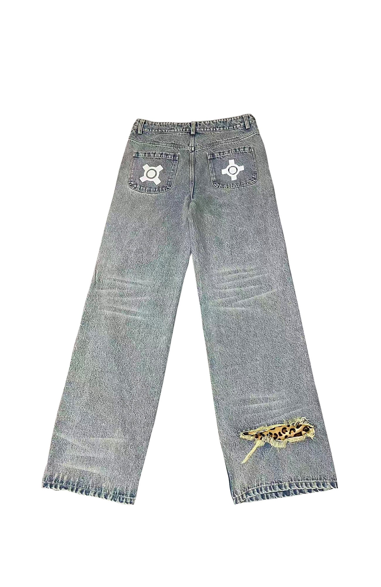 PHANTOMHUNTER Washed Leopard Patch Baggy Jeans, premium urban and streetwear designers apparel on PROJECTISR.com, PHANTOMHUNTER