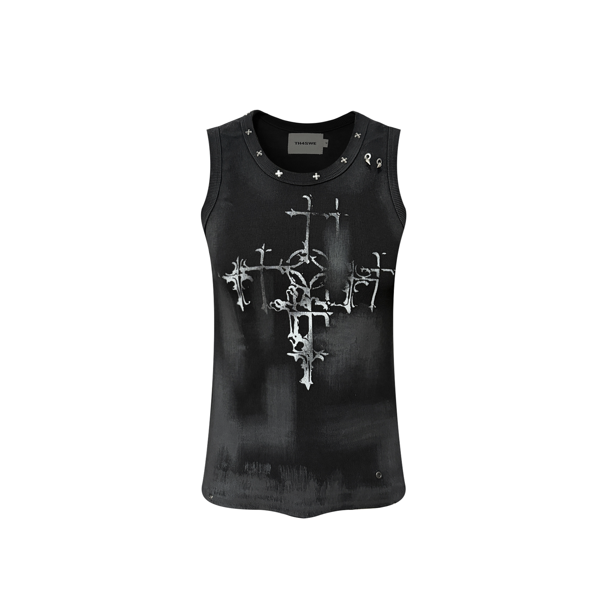 TH4SWE Retro Gothic Cross Graphic Studded Tank Top