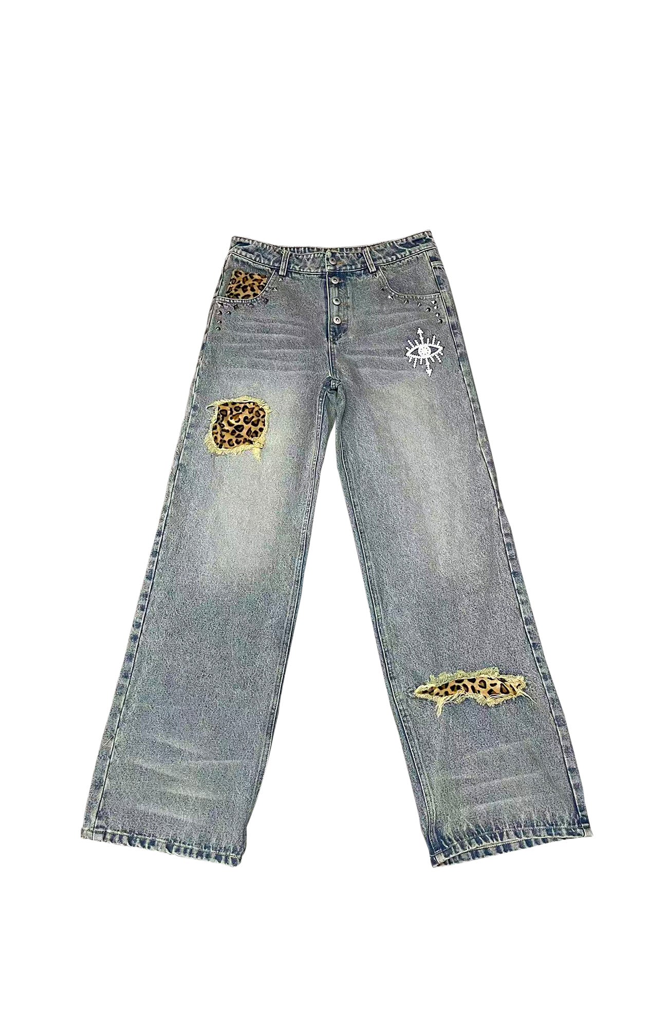PHANTOMHUNTER Washed Leopard Patch Baggy Jeans