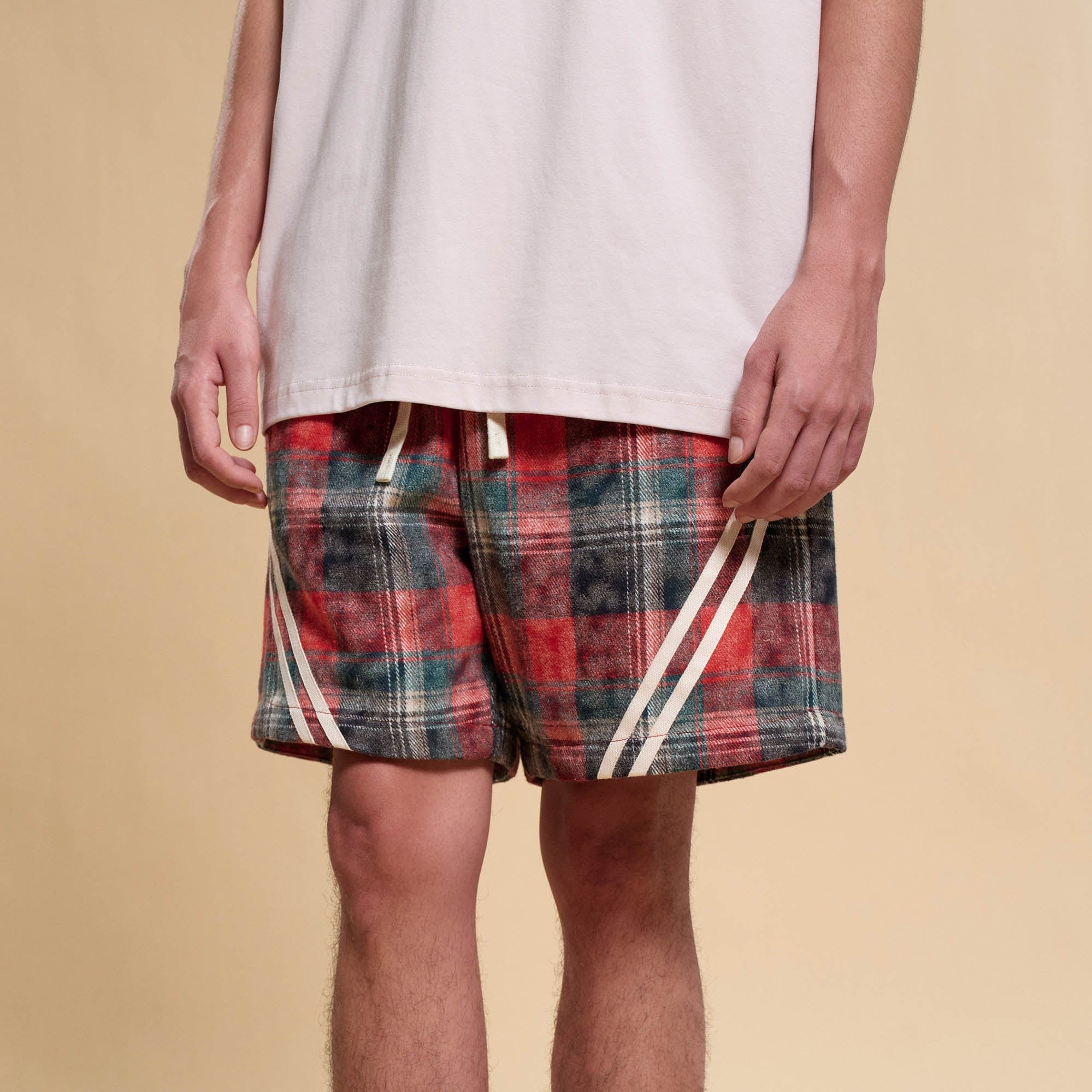 BONELESS Plaid Distressed Drawstring Shorts, premium urban and streetwear designers apparel on PROJECTISR.com, BONELESS